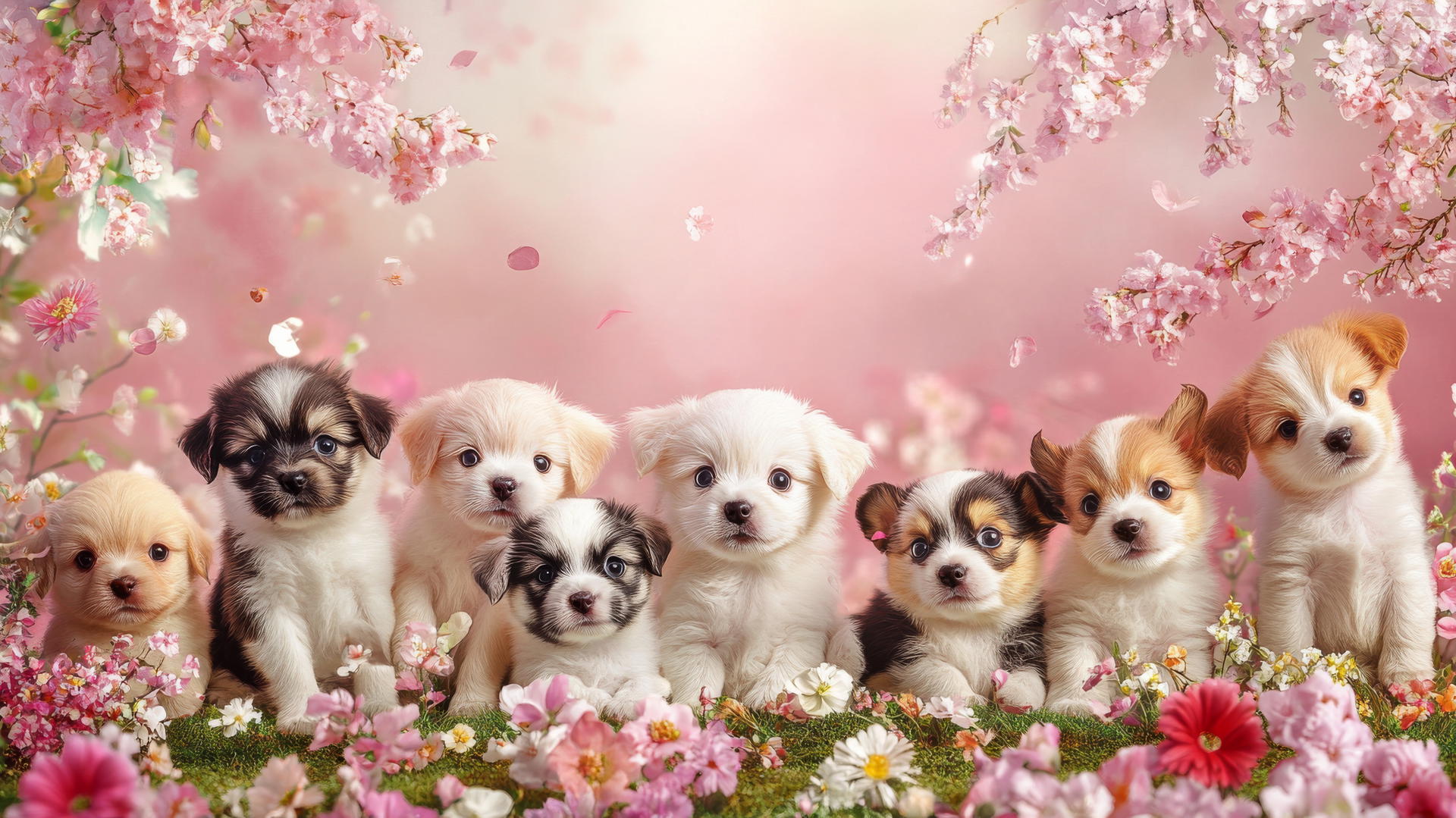 pink cute puppy wallpaper with puppies playing in a park with pastel flowers and trees