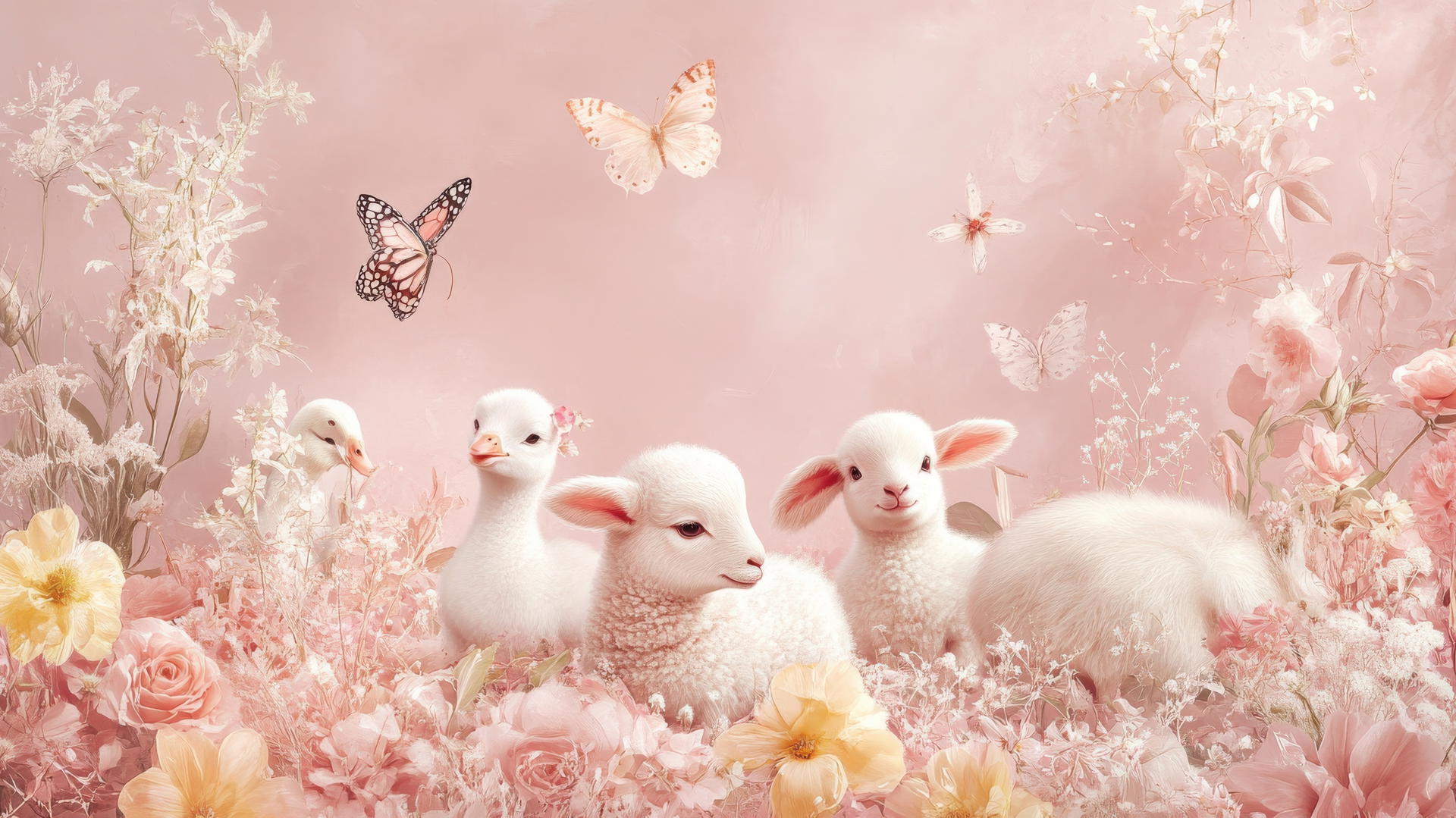 cute pink wallpaper with baby animals, flowers, and butterflies