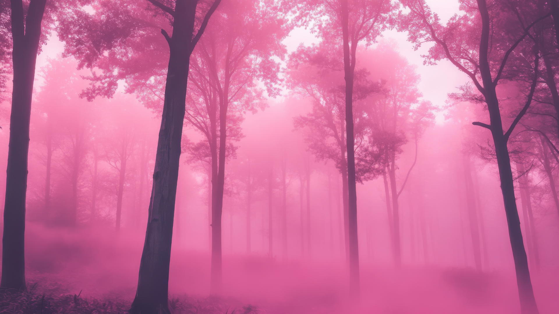 dreamy pink-hued forest with mist swirling around tall trees, pink wallpaper aesthetic