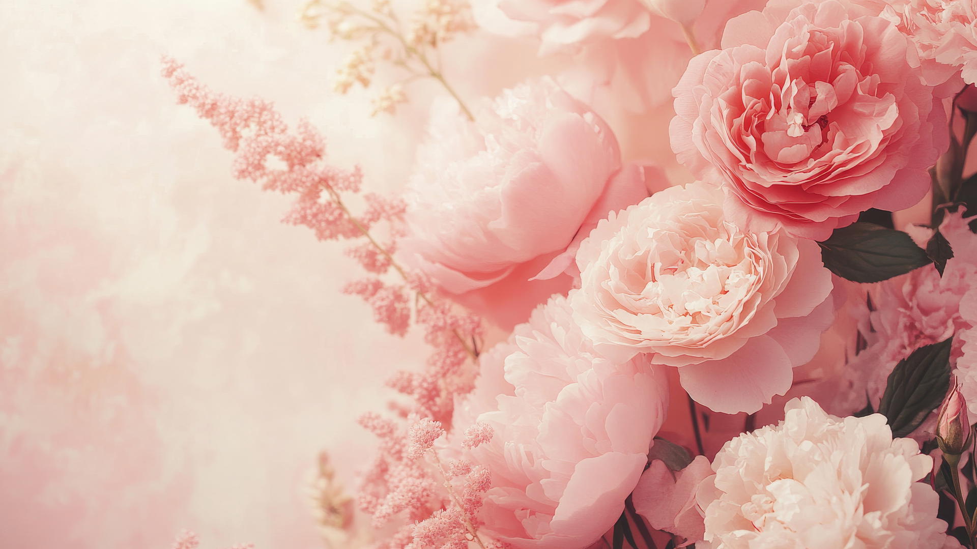 floral arrangement of peonies and roses with delicate petals on a soft pink background, pink aesthetic wallpaper