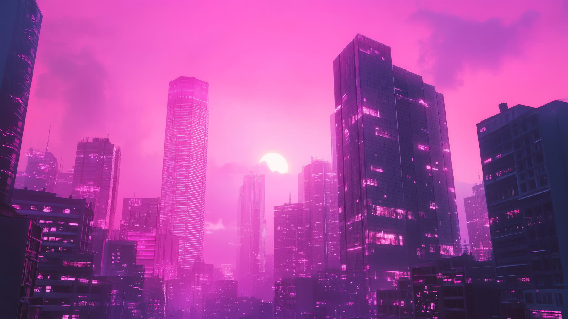 pink aesthetic wallpaper with a futuristic cityscape at dusk, vibrant pink sky reflecting on skyscrapers