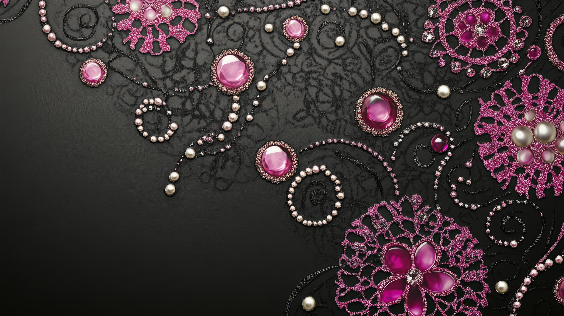 Black wallpaper with pink lace, pearls, and shimmering gems for girls
