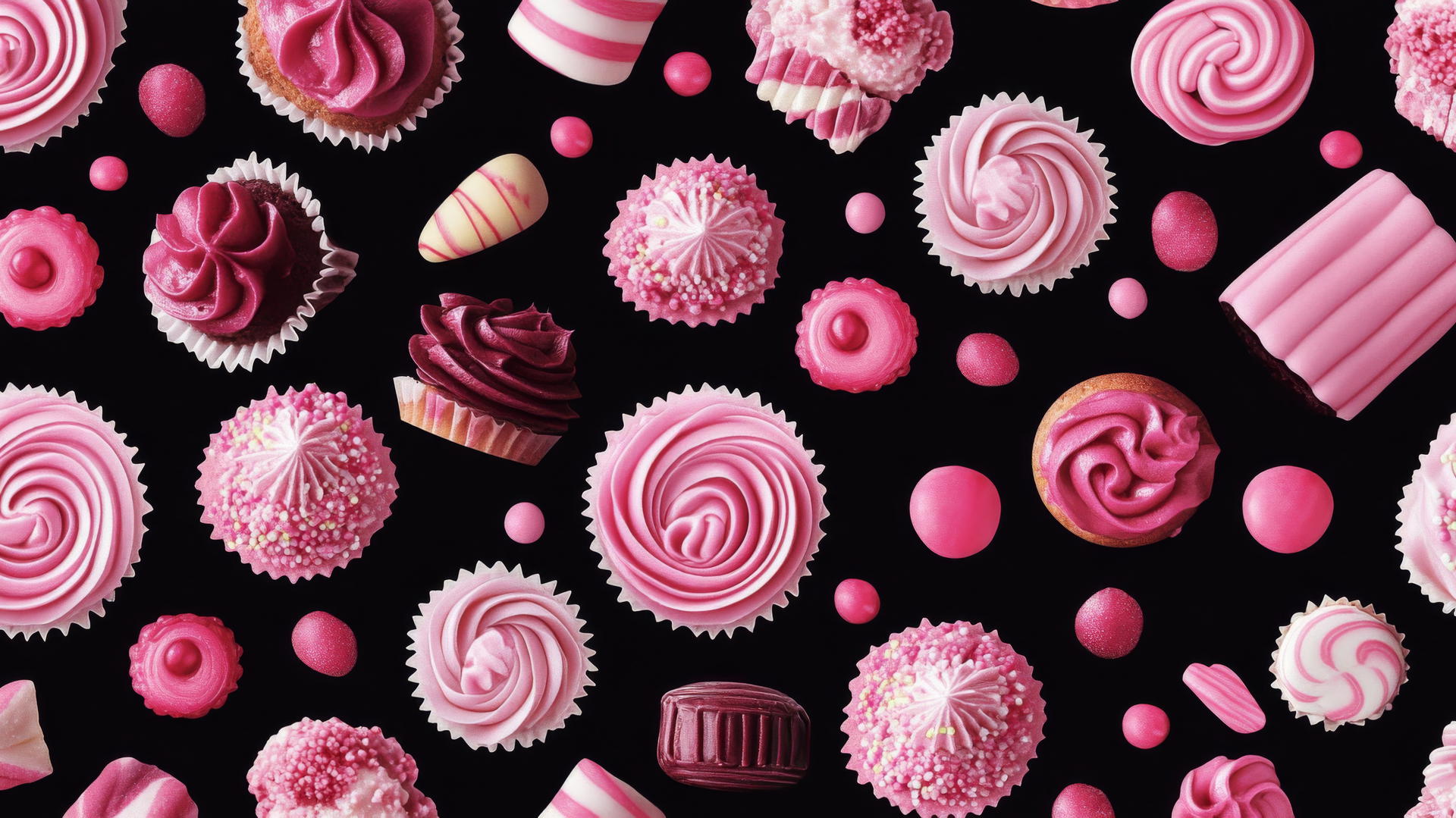 black wallpaper for girls with pink cupcakes and candies