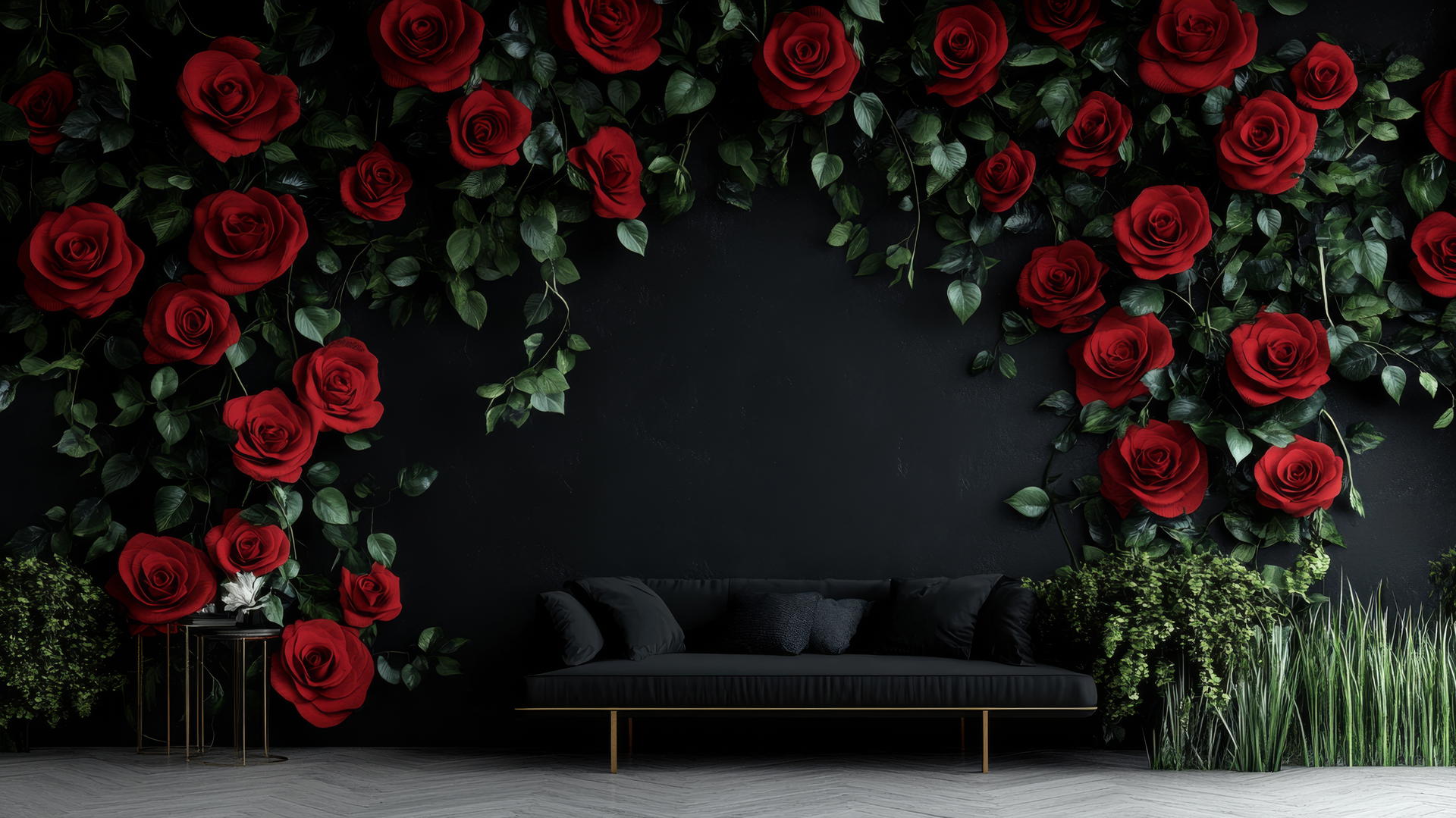 Black wallpaper for girls with striking red roses and vines