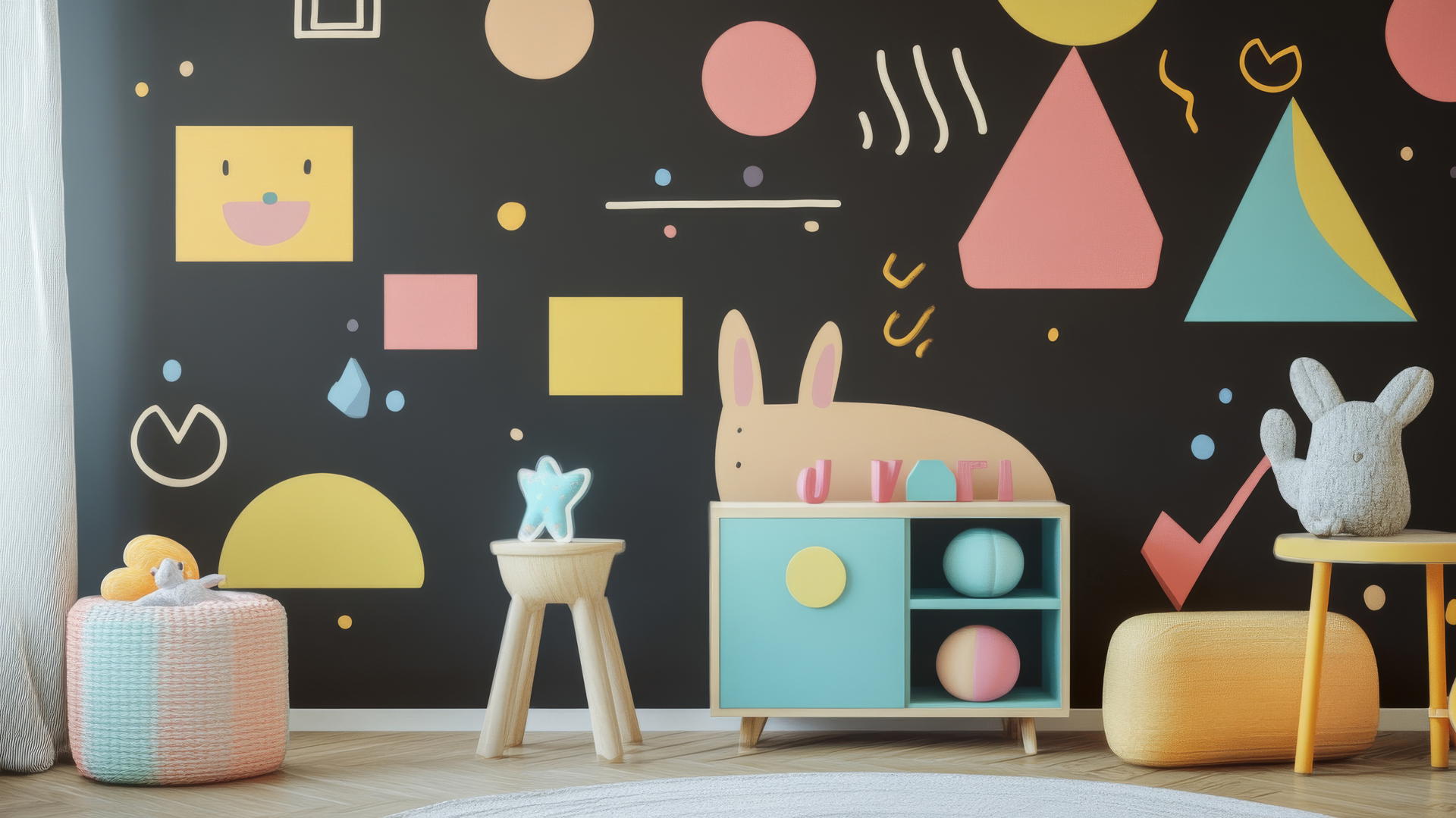 Black wallpaper for girls with abstract geometric shapes in pastel colors.