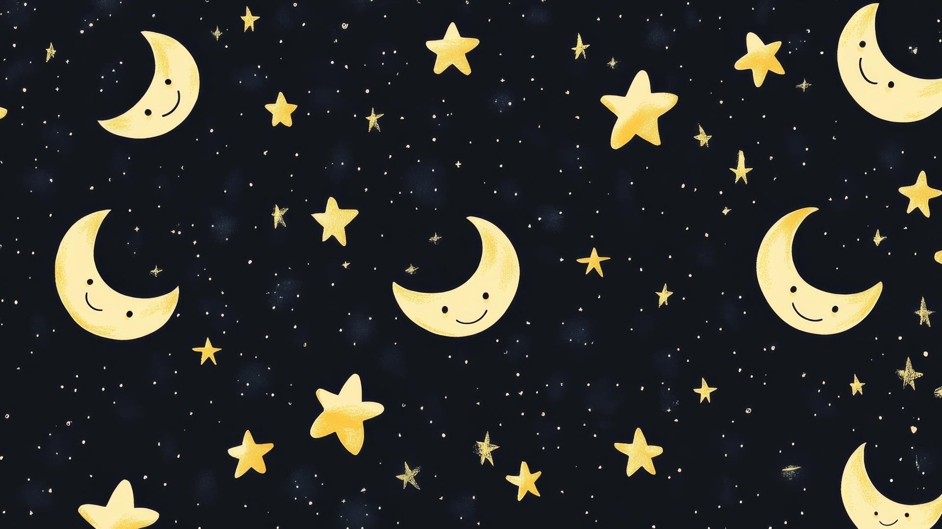 Black cute wallpaper with small glowing smiling stars and moons on a dark background
