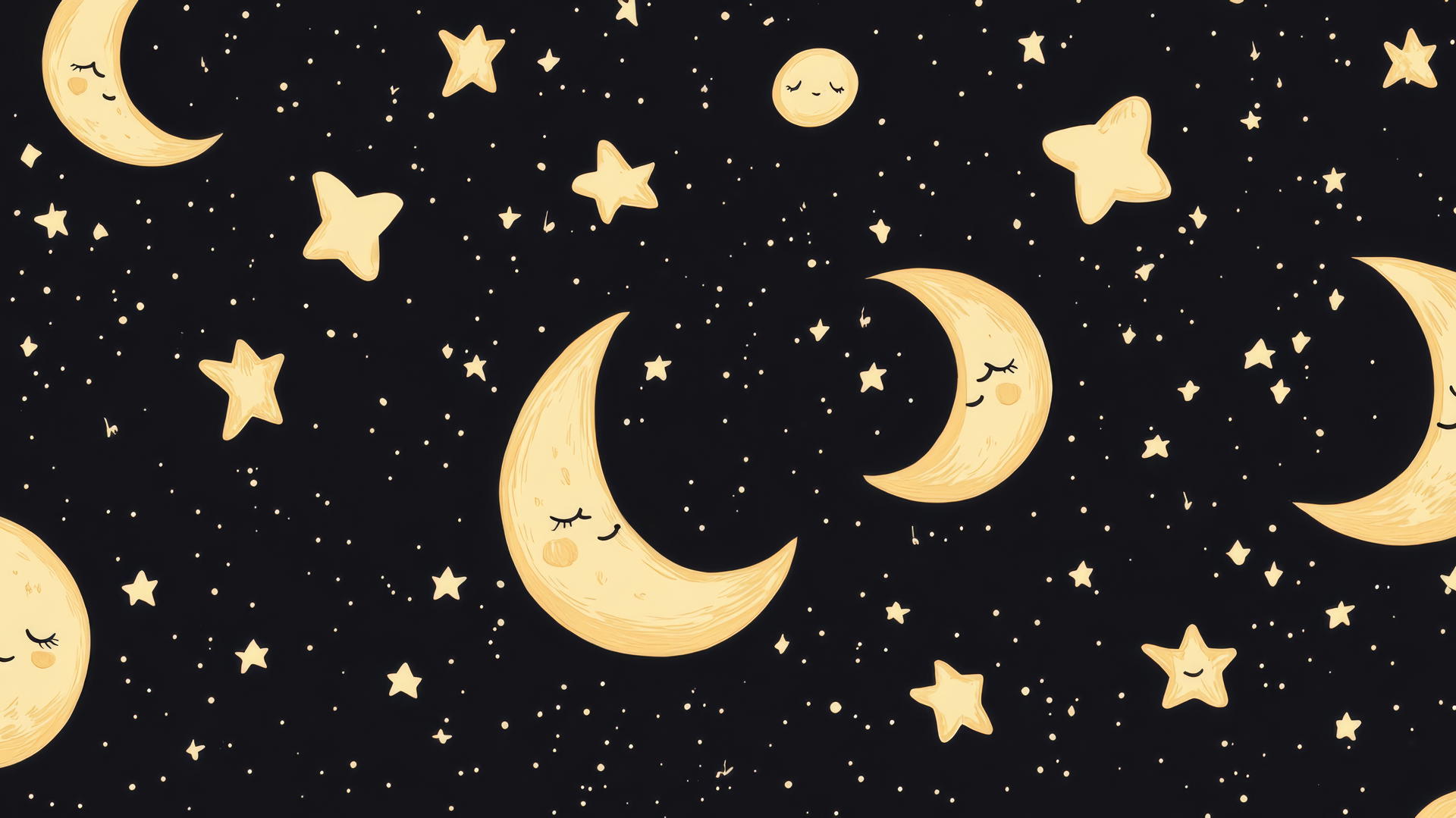 black cute wallpaper with glowing stars and moons on a black background