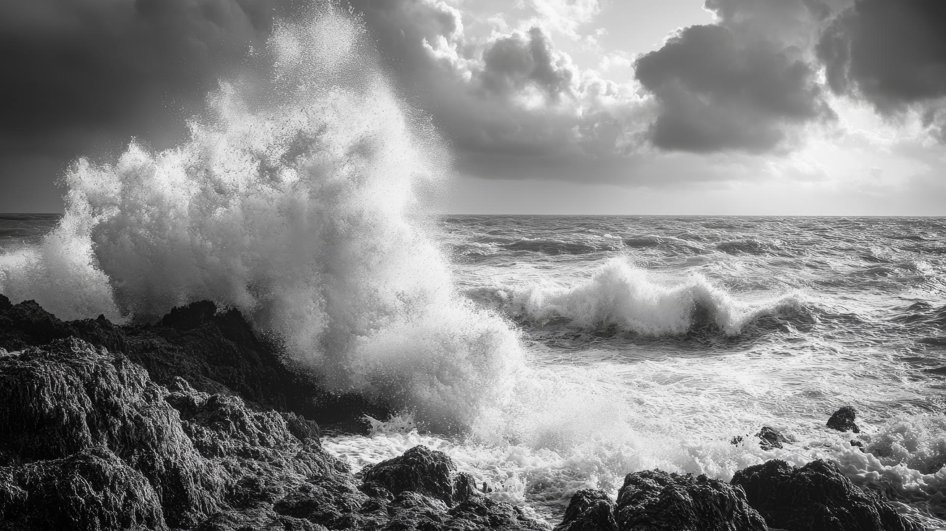 Black and white wallpaper of ocean waves crashing against rocky shoreline