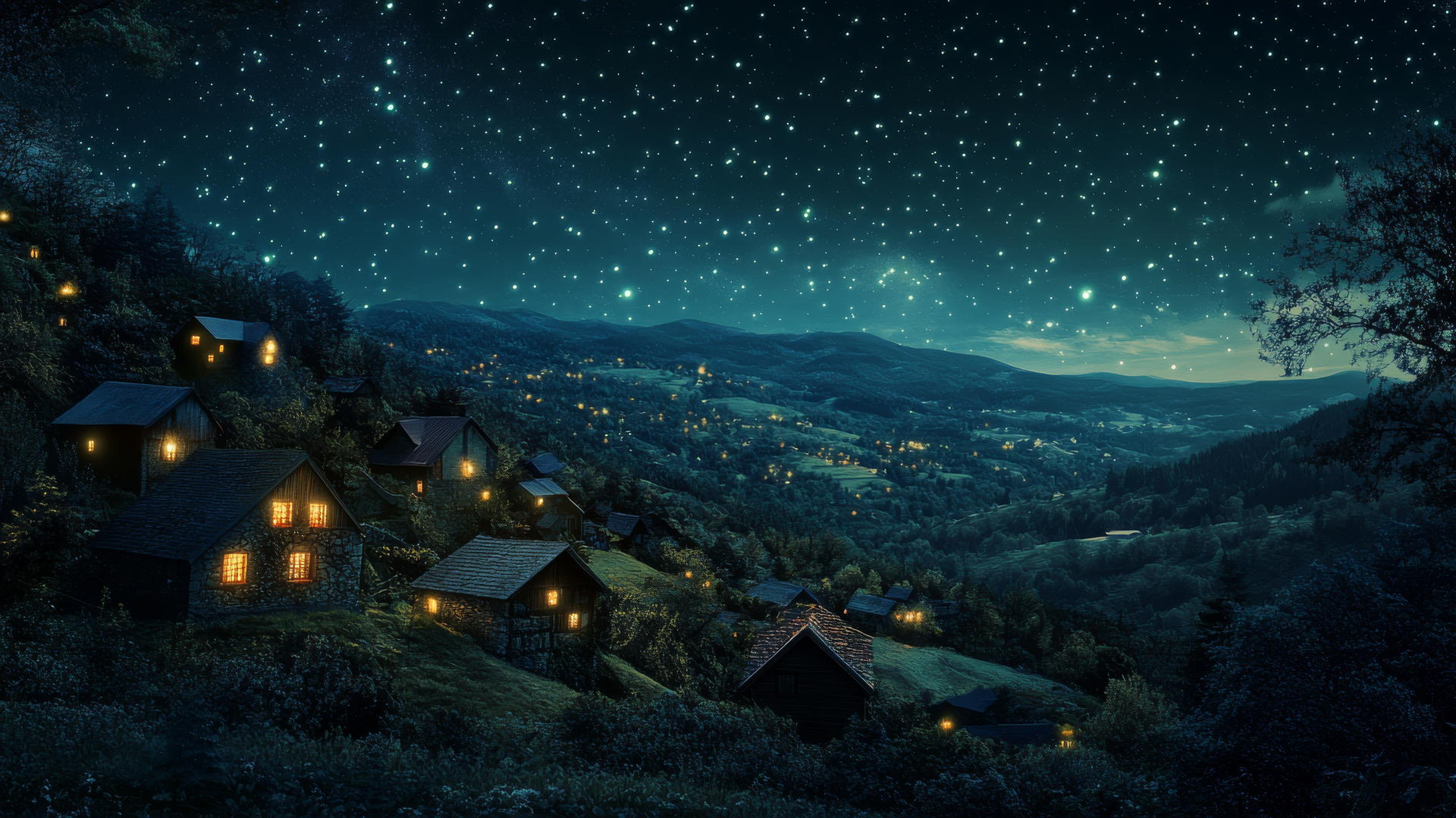 Aesthetic wallpaper black: Quiet village night scene with dimly lit windows and star-filled sky.
