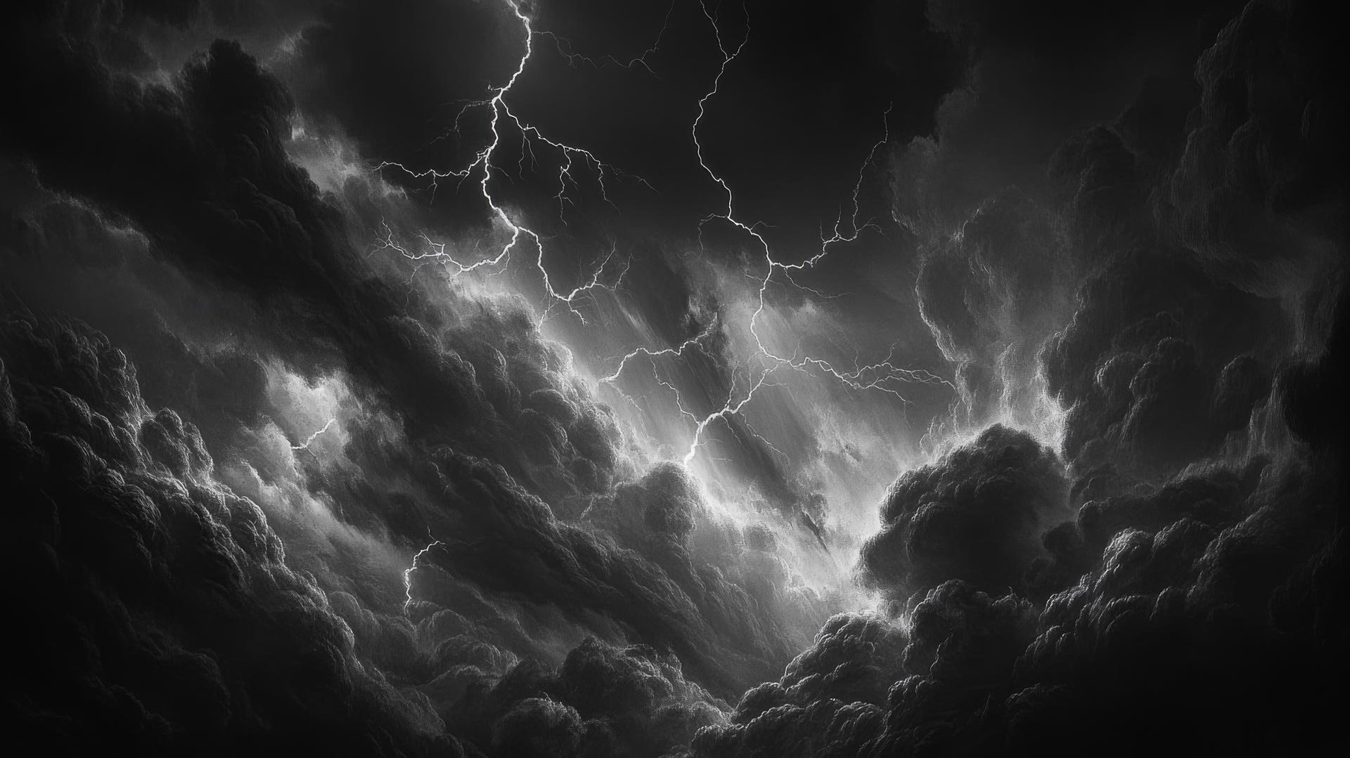 Aesthetic black wallpaper with a dark stormy sky and flashes of lightning.