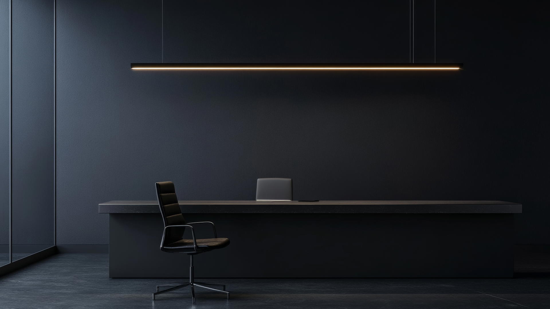 black wallpaper aesthetic with a modern, minimalist workspace in black furniture