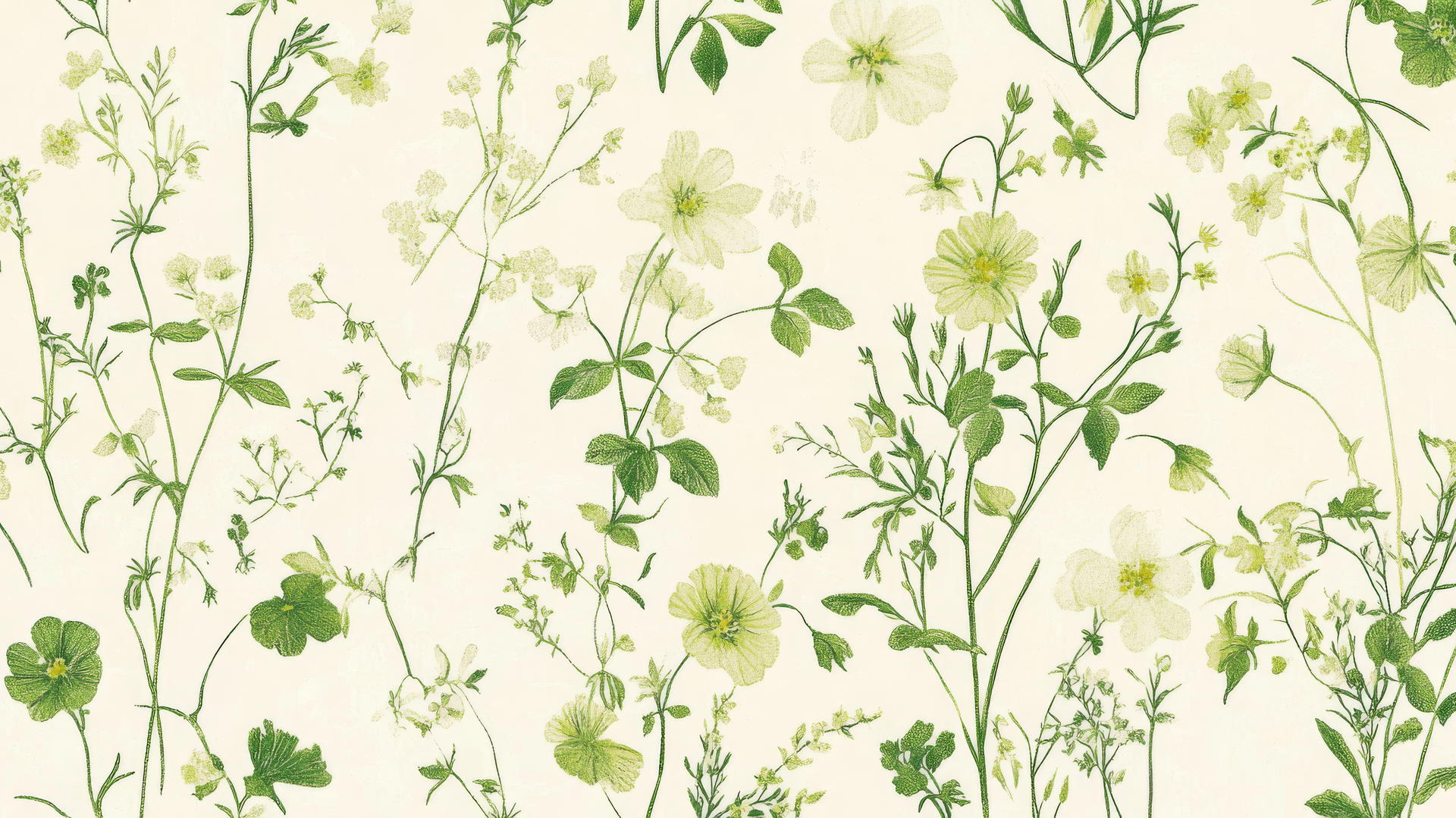 Vintage-inspired green floral wallpaper with hand-drawn wildflowers on cream background.