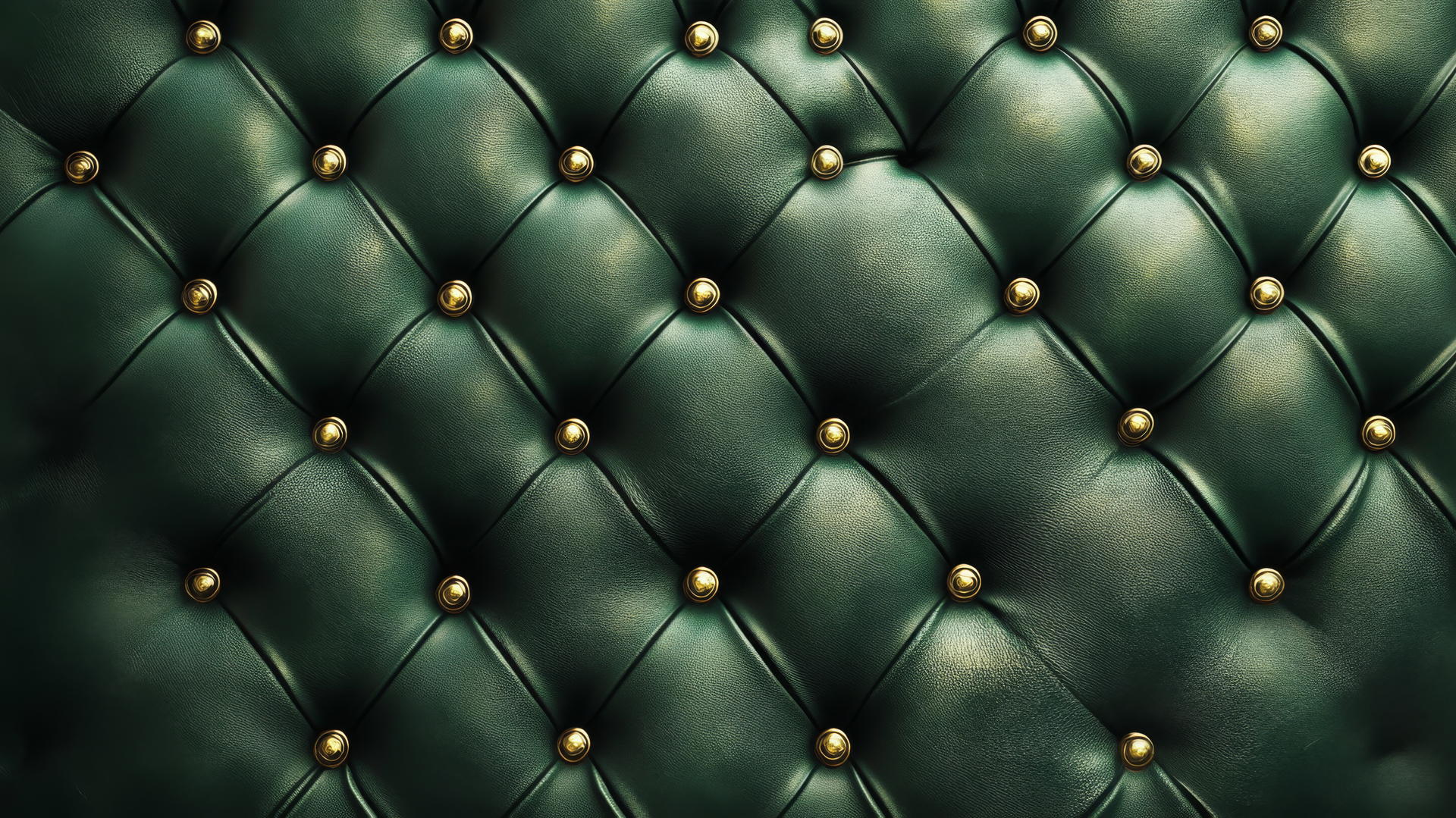 emerald green wallpaper with quilted leather texture and golden buttons