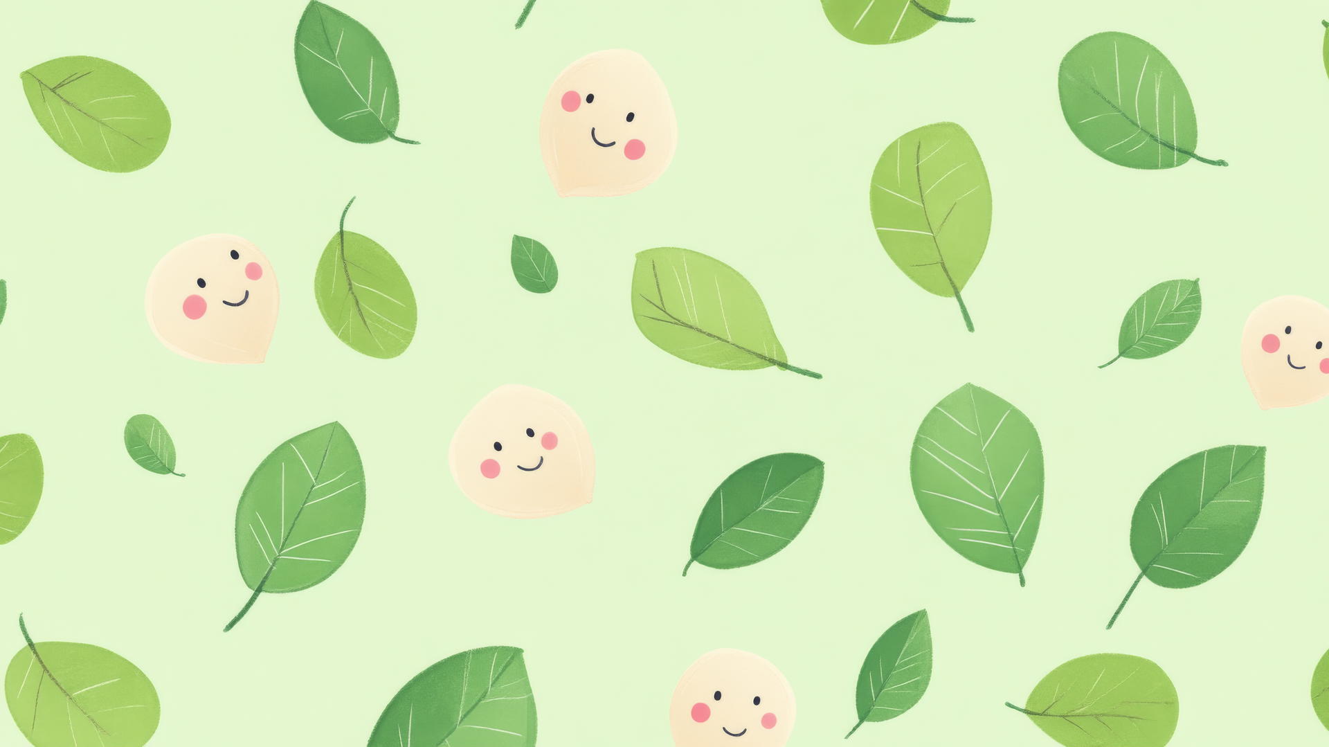 Cute green wallpaper with tiny smiling leaves on pastel green background