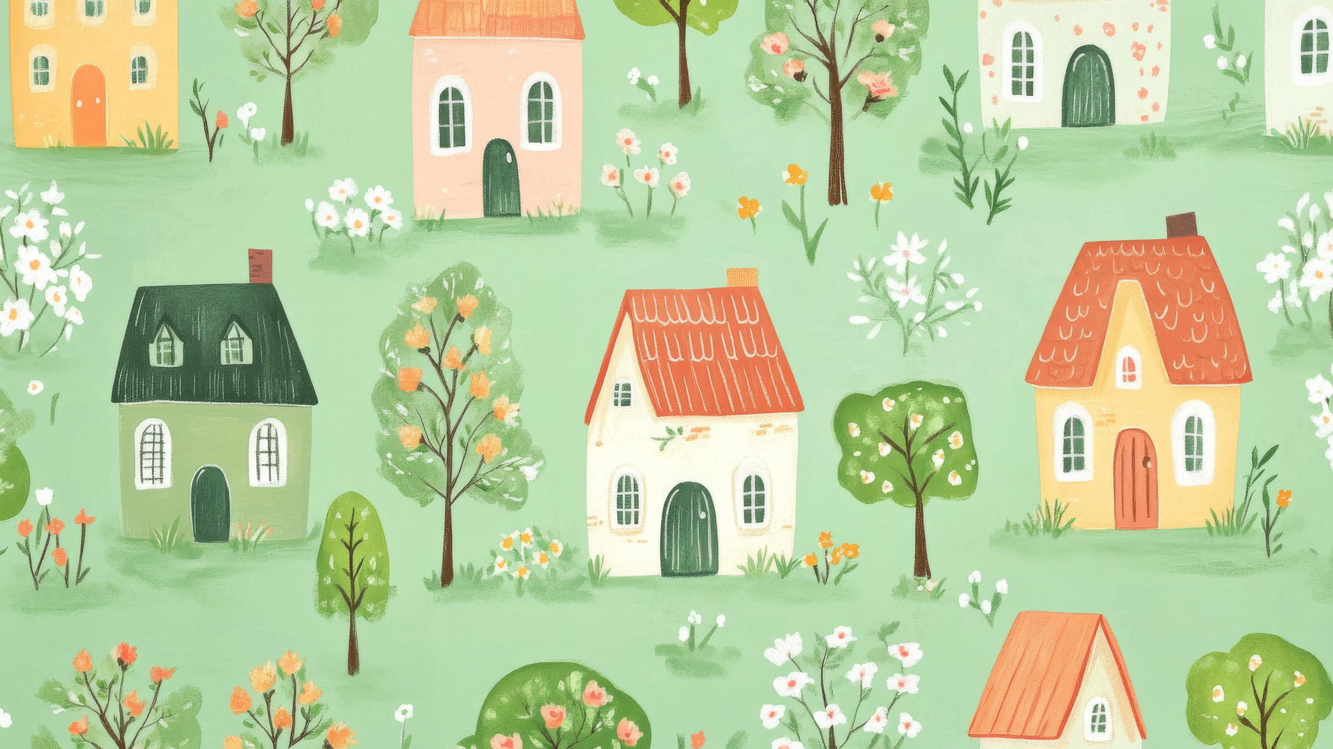 charming green wallpaper with hand-drawn cartoon houses, trees, and flowers