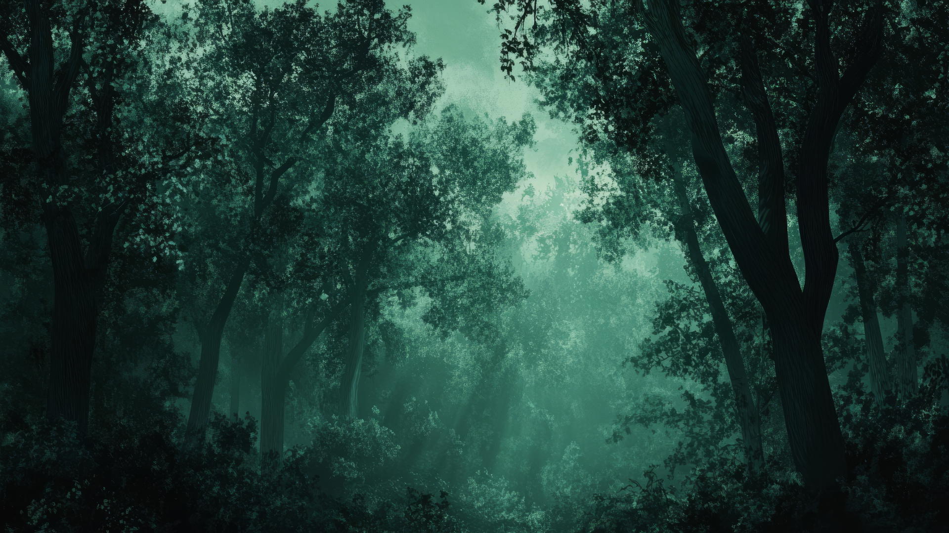 Dark green wallpaper of a dusky forest with shadows and light through trees
