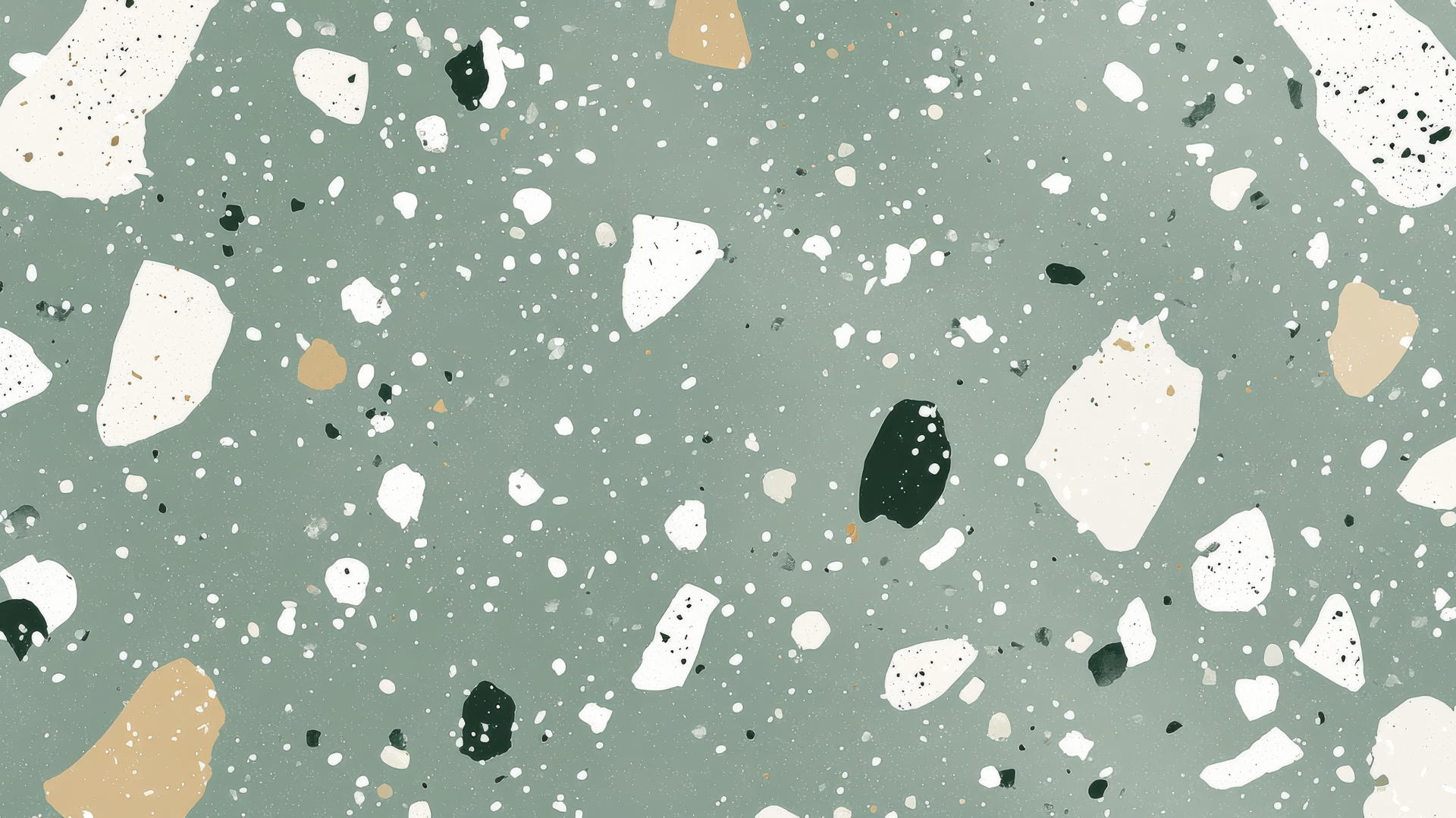 Sage green wallpaper with chic terrazzo design in white, beige, and dark green.