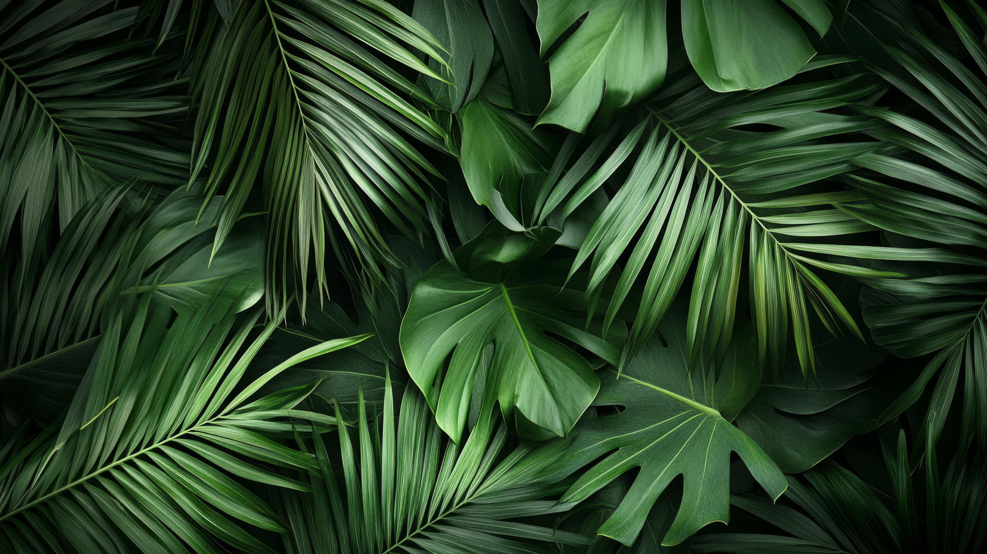 A detailed close-up of tropical palm leaves with intricate textures and vibrant green hues, creating an exotic green wallpaper.