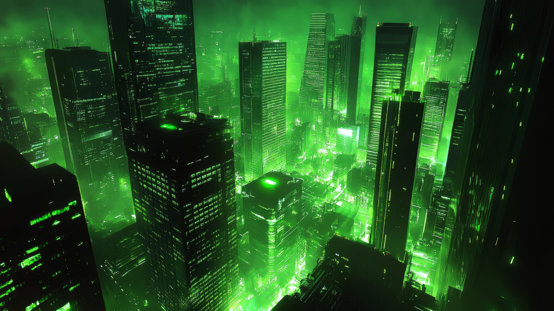 futuristic digital cityscape with neon green lights and skyscrapers