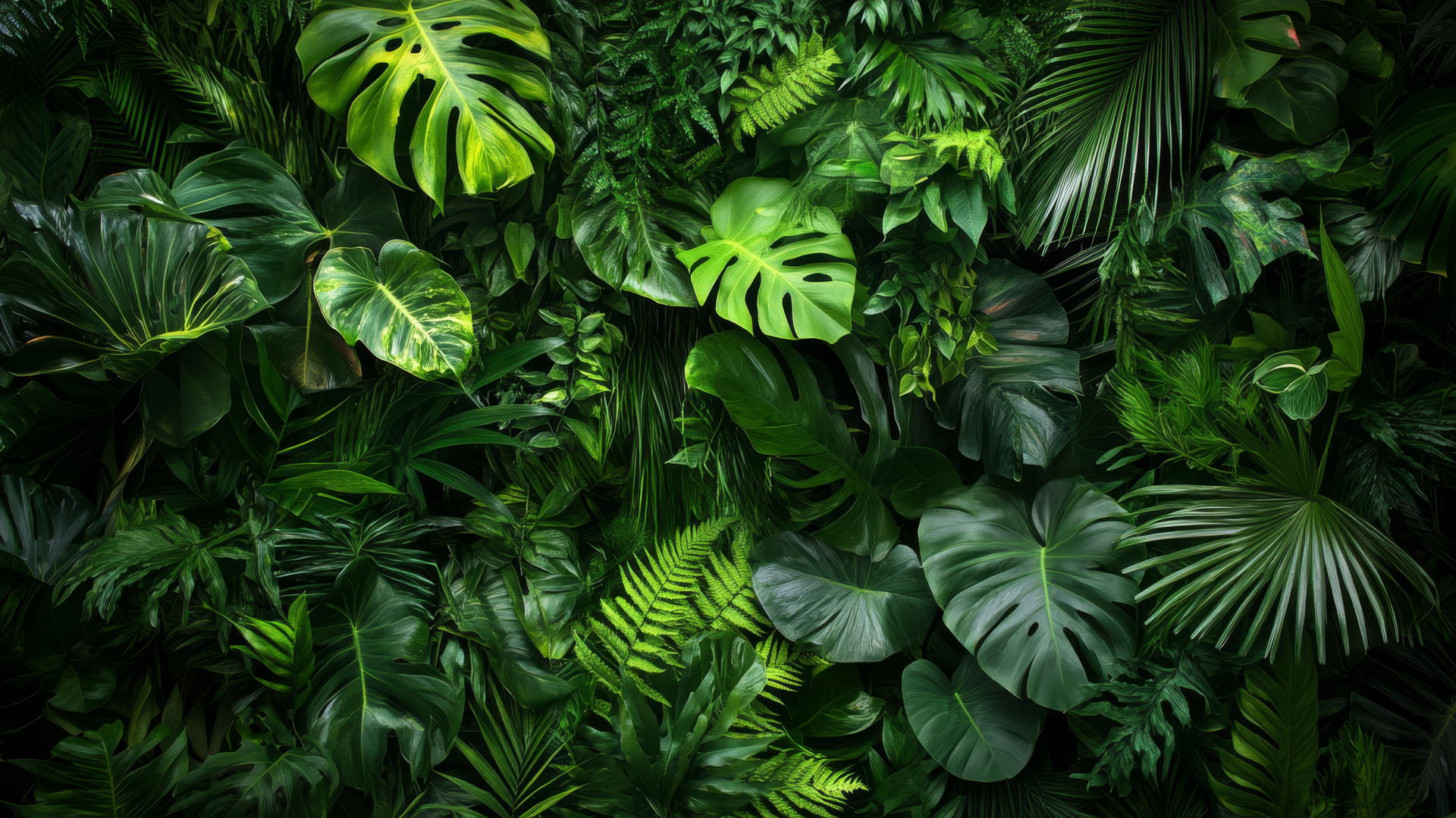 green wallpaper with tropical jungle, dense greenery, exotic plants, and bright foliage
