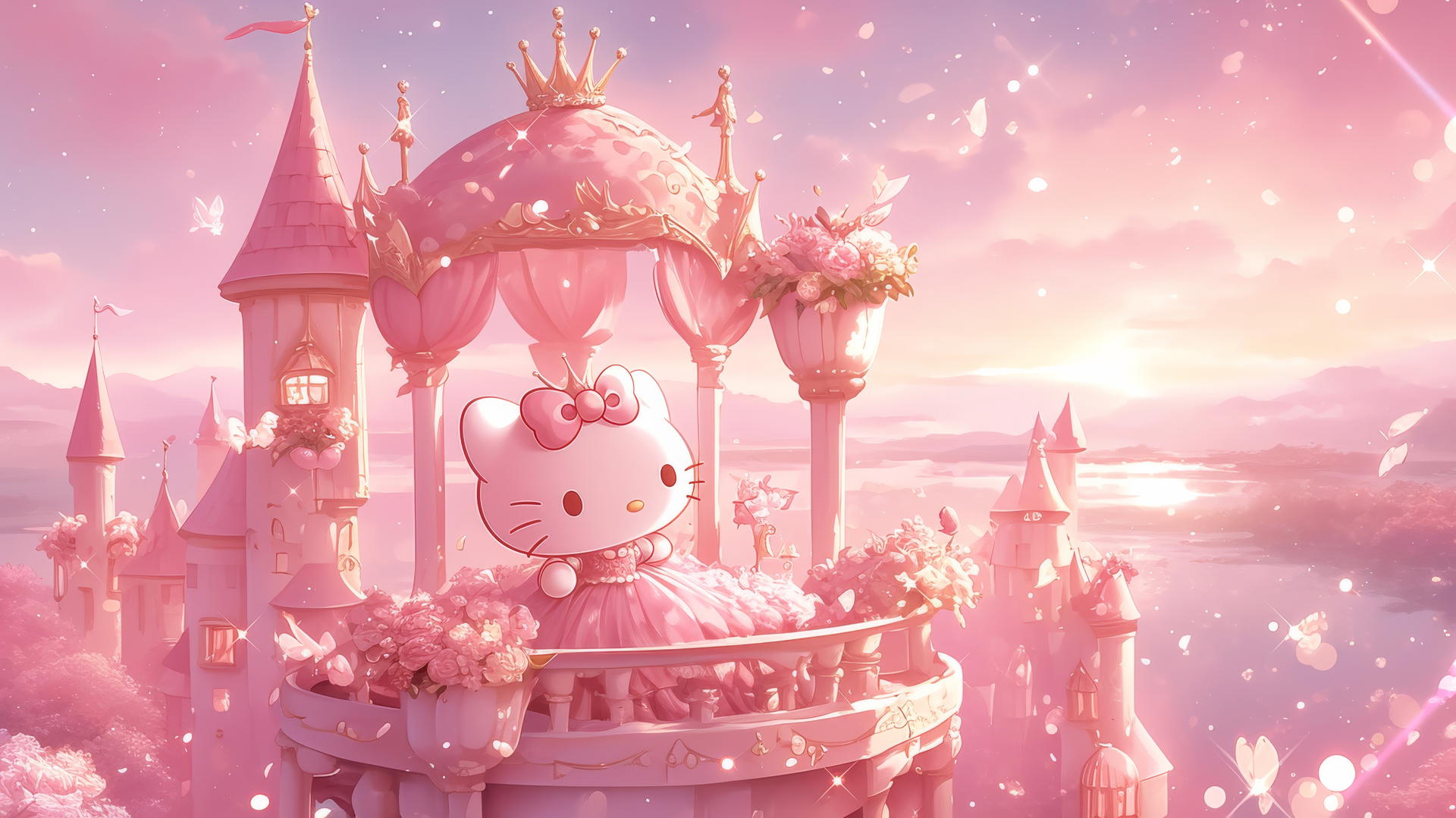 pink Hello Kitty wallpaper; Hello Kitty princess in a pink gown, tiara, in a pink castle with sparkles