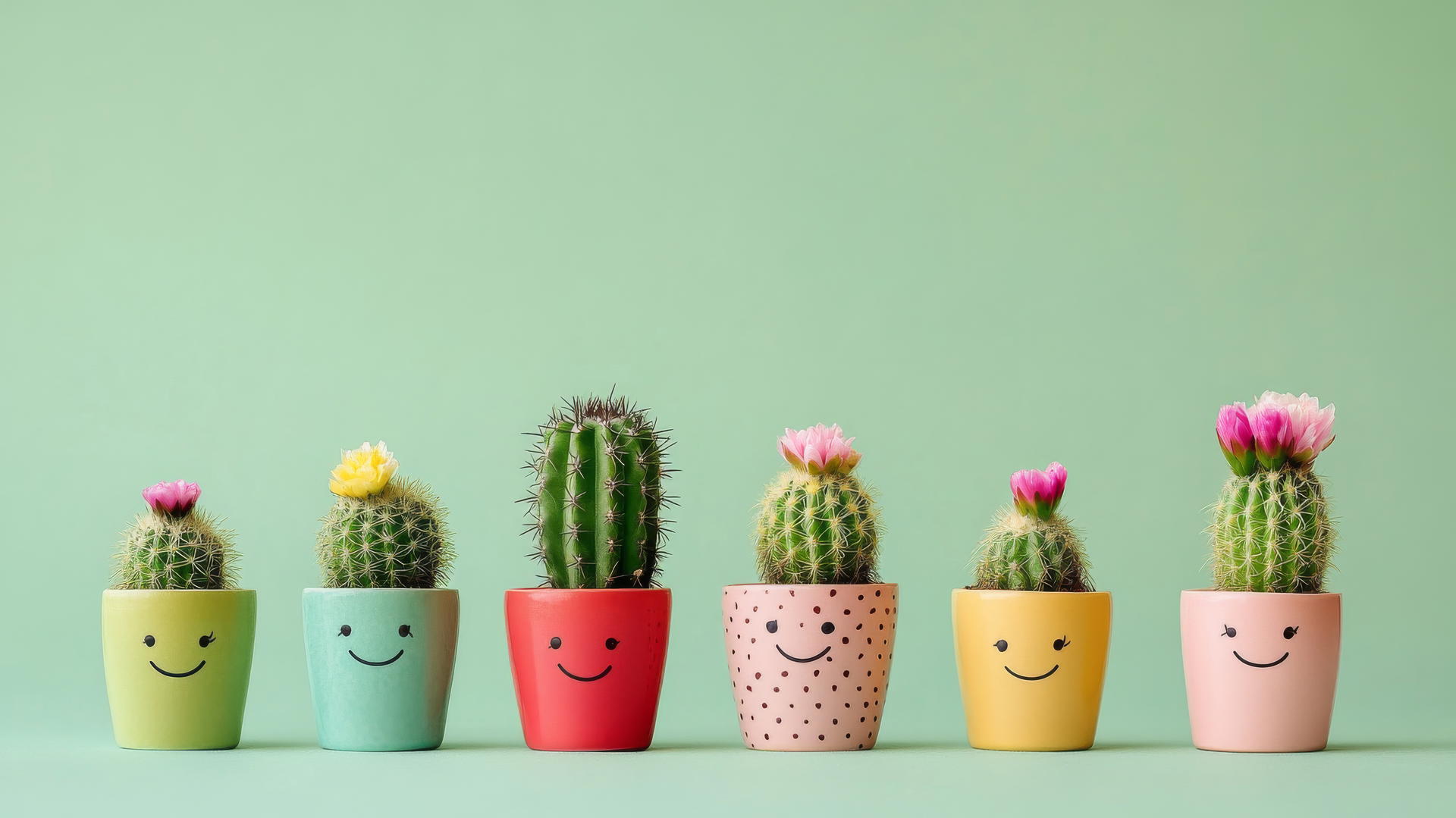 cute green wallpaper with smiling cacti in colorful pots and tiny flowers