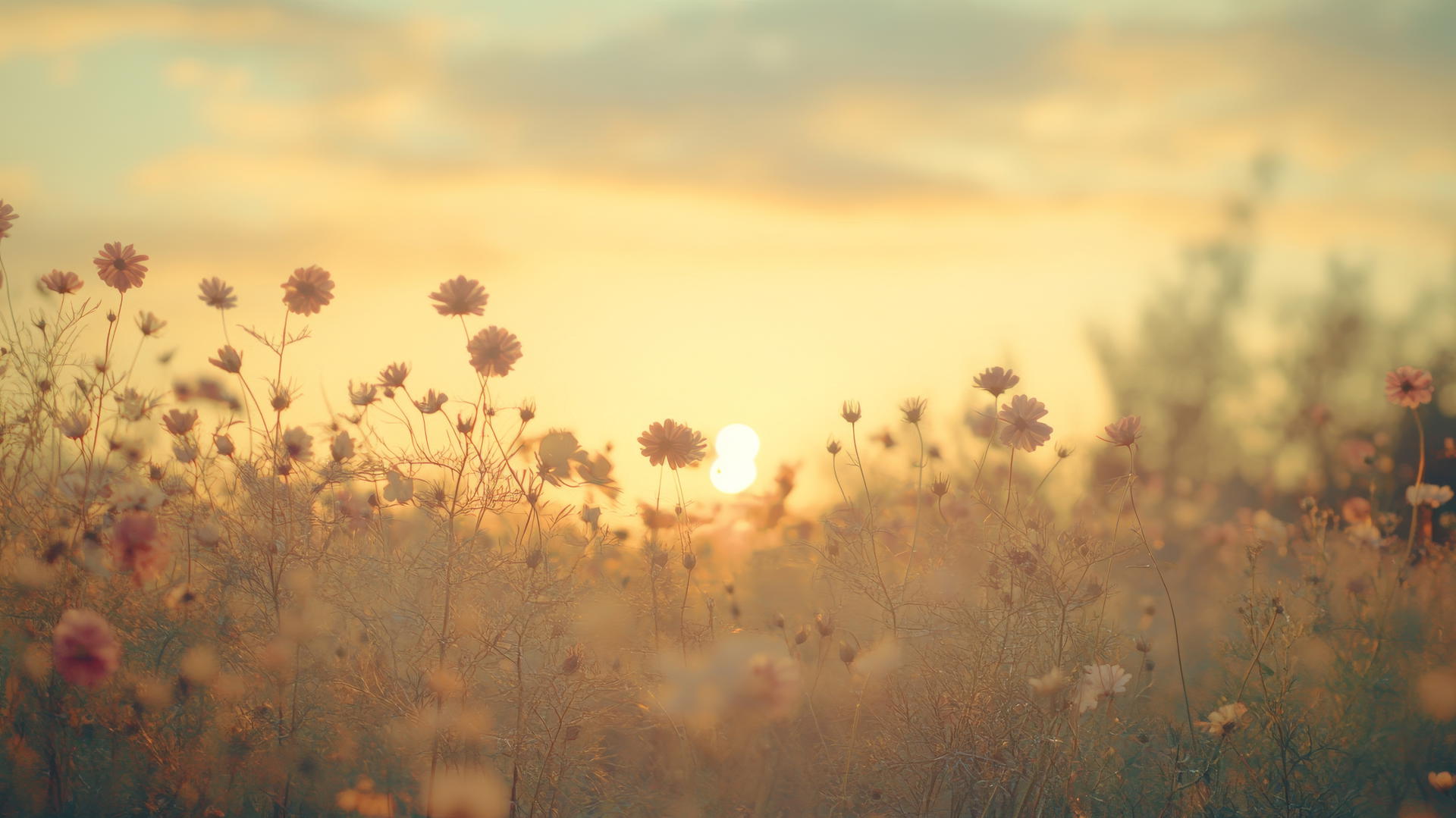 nature aesthetic wallpaper with vintage wildflowers under golden hour sky