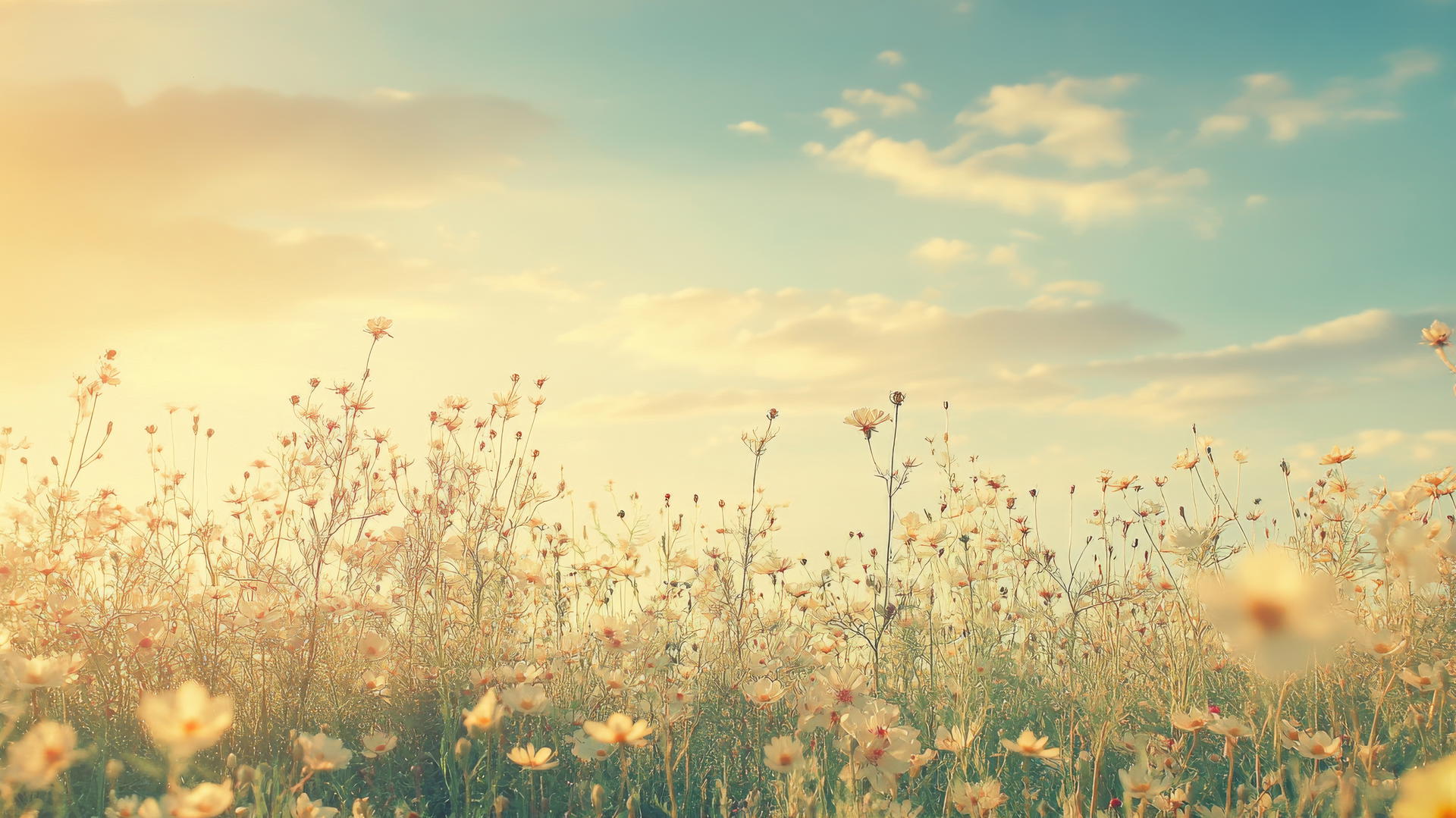 Vintage-inspired nature aesthetic wallpaper of wildflowers at golden hour