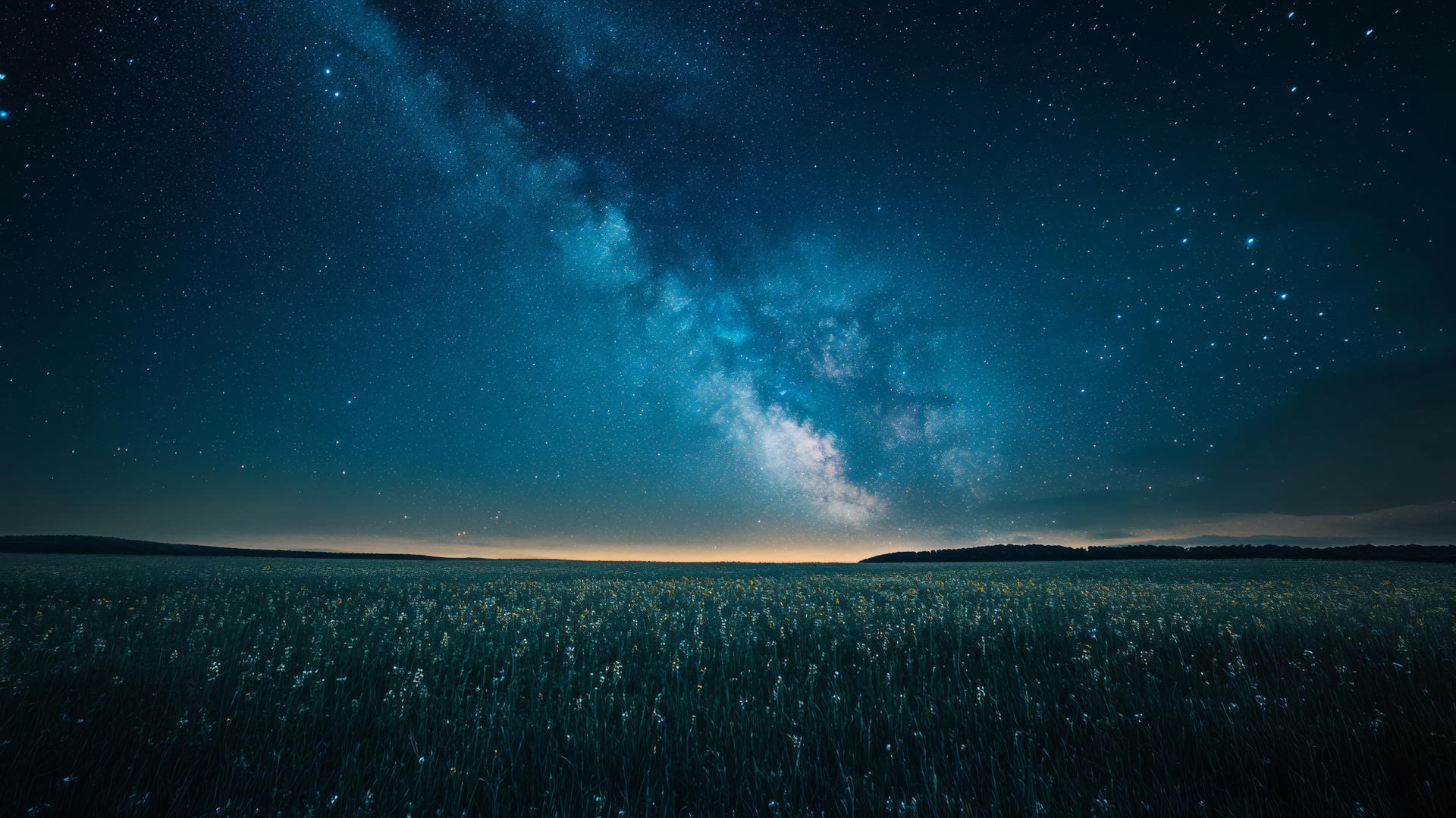 Nature wallpaper of a wide open field under a bright, starry night sky with the Milky Way visible