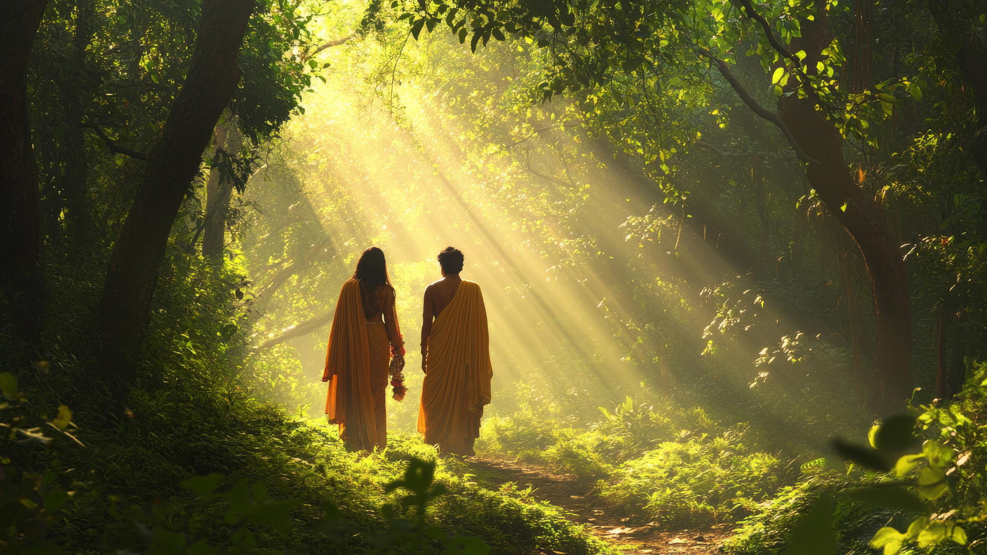 Radha Krishna nature wallpaper, walking through a dense forest