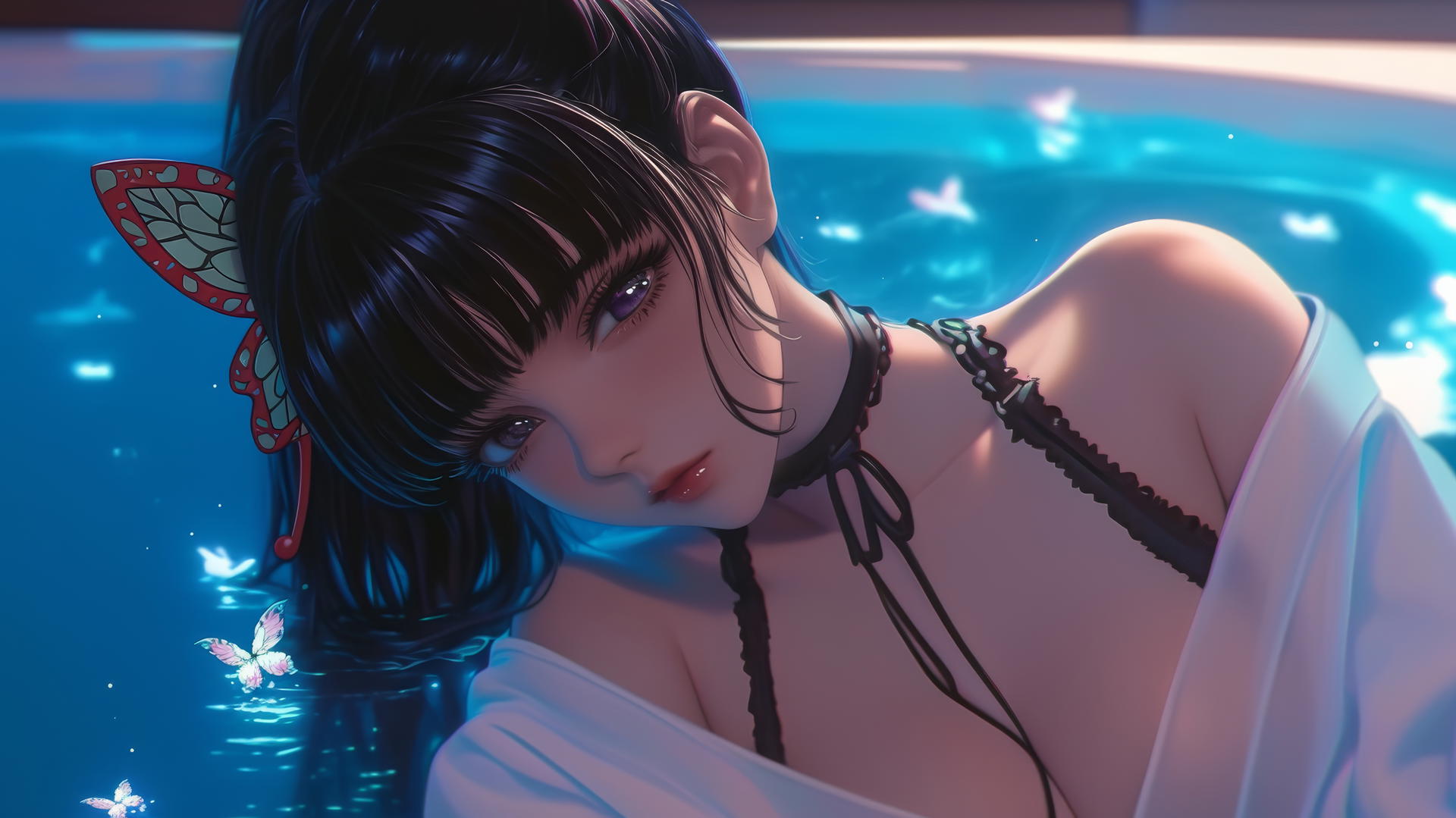 Kanao Tsuyuri resting in bathtub, warm light highlighting her figure, butterfly hair ornament