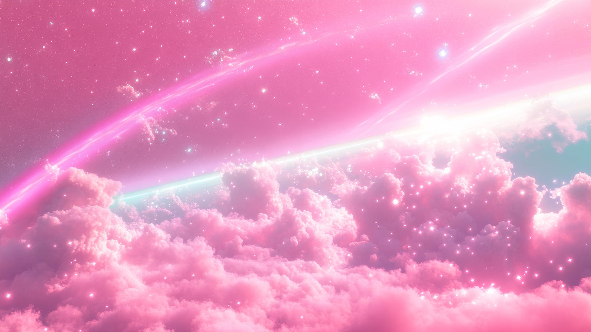 pink y2k wallpaper with neon pink clouds, pixelated stars, and holographic rainbows