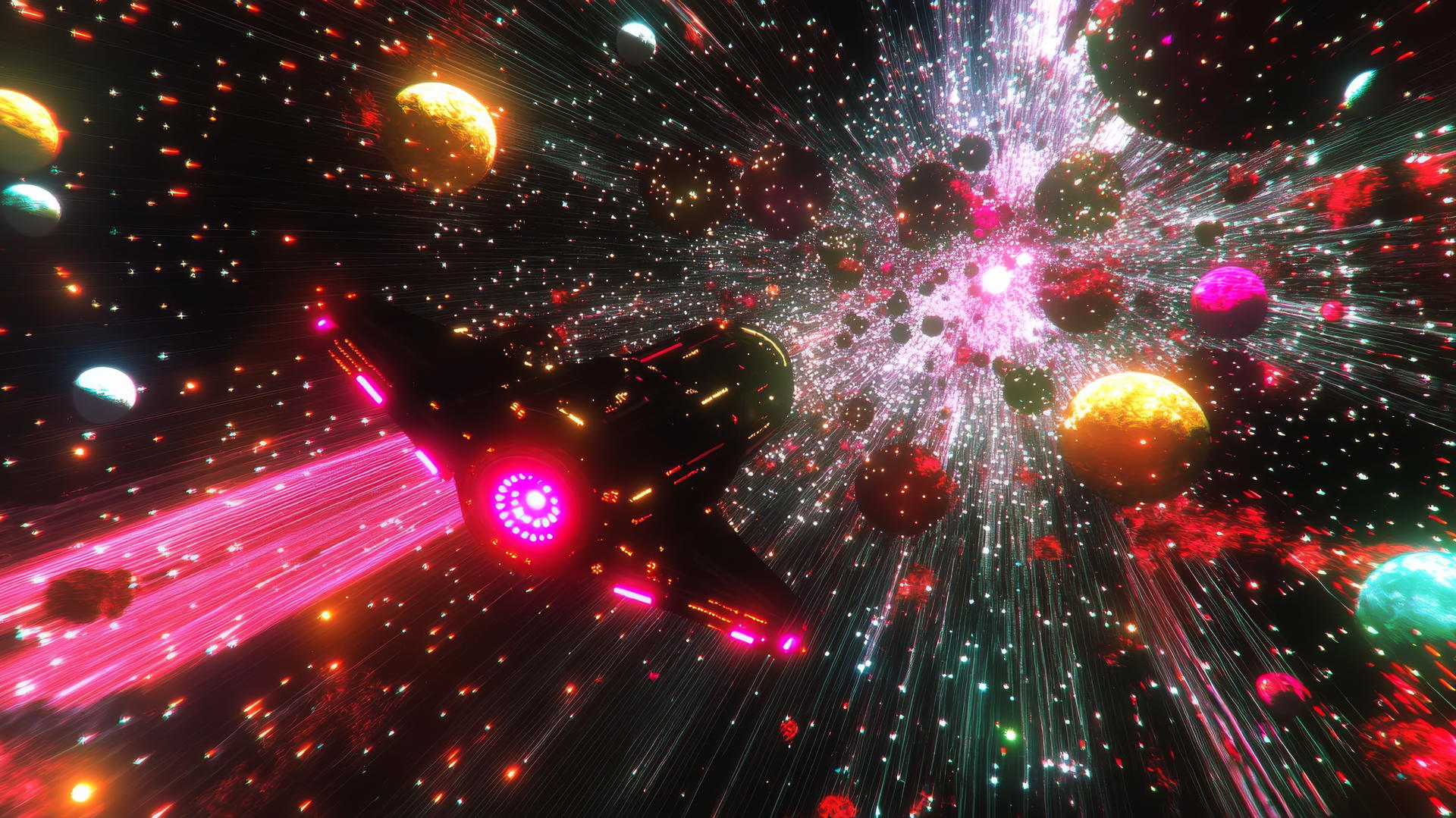 Y2K star wallpaper with digital spacecraft, neon stars, and pixelated asteroids