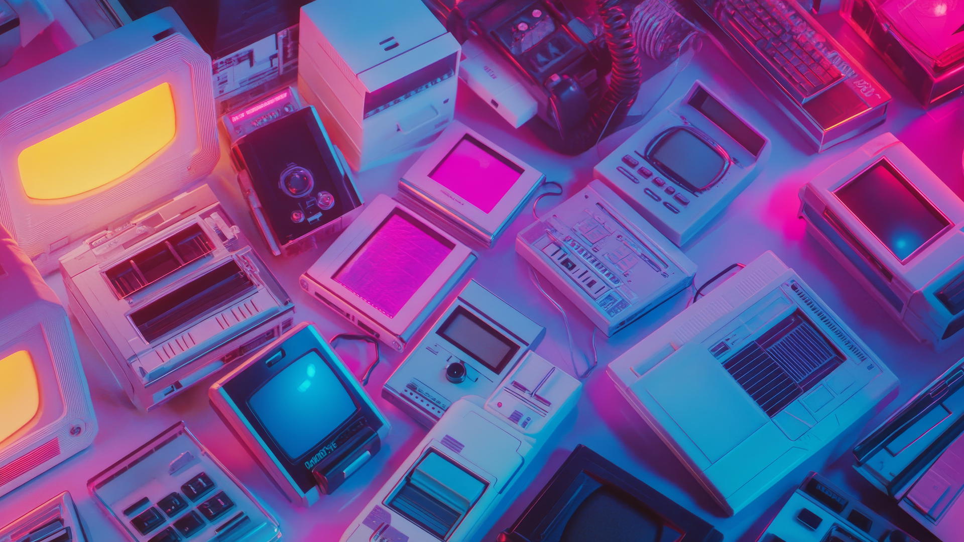 Y2K aesthetic wallpaper with vintage technology like flip phones, floppy disks, and MP3 players on a holographic gradient background