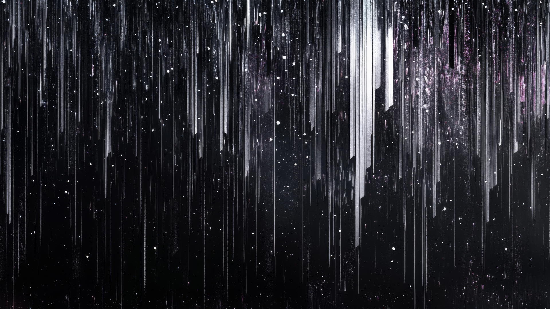 Y2K wallpaper black with silver abstract shapes, pixelated digital rain, and glitchy effects