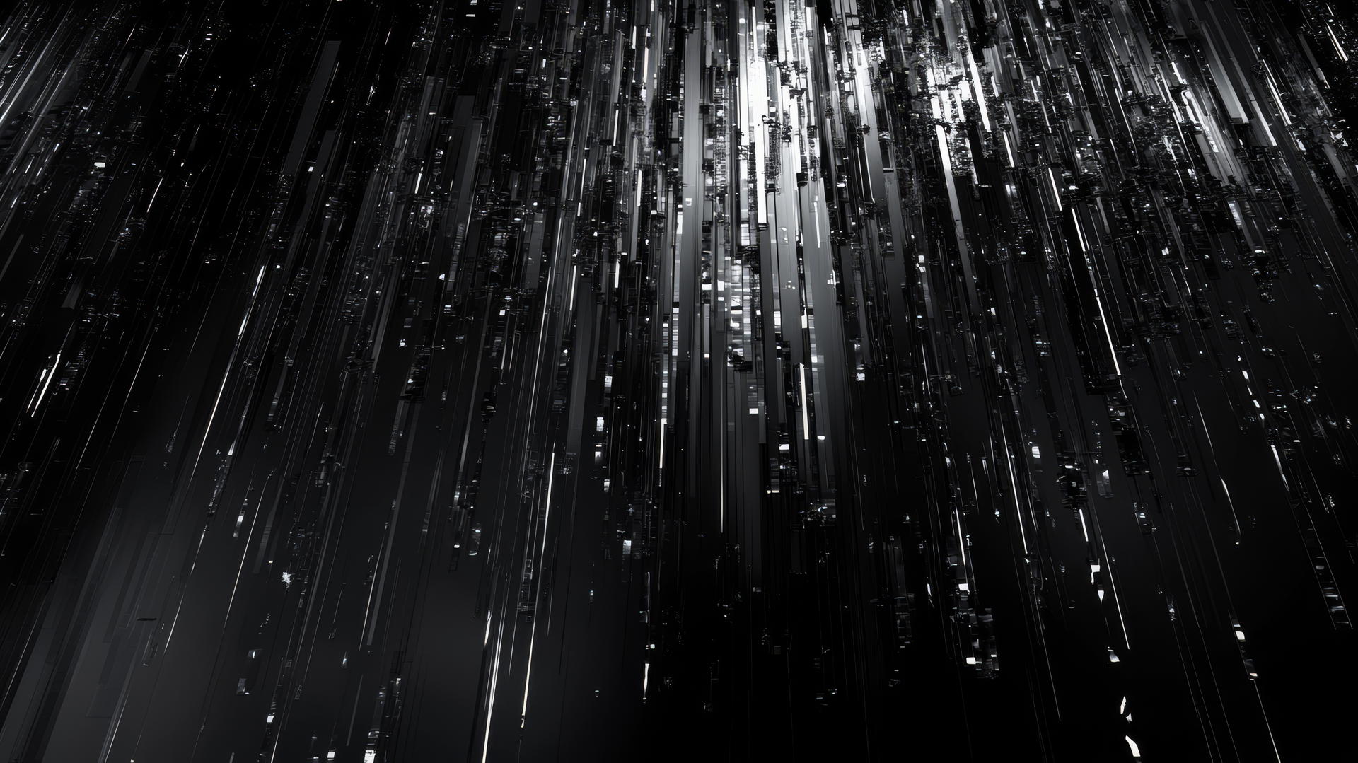 Y2K wallpaper black with silver abstract shapes, digital rain, glitch effects