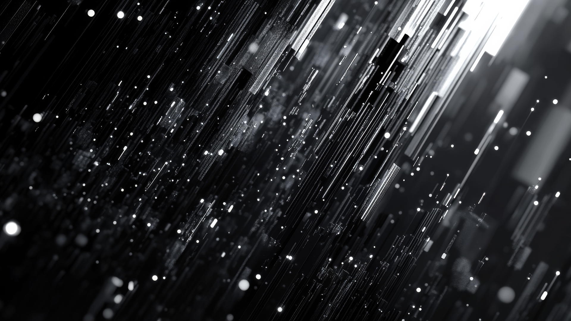 Y2K wallpaper black and silver with abstract digital shapes, pixelated rain