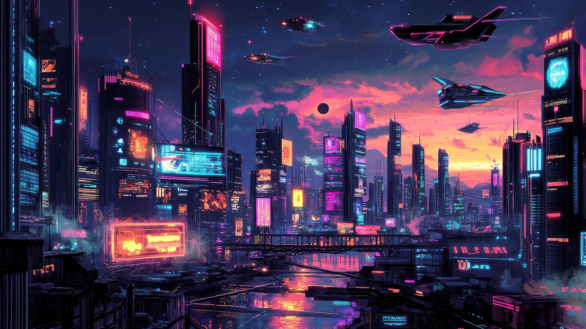 Y2K wallpaper black base with neon-lit skyline, holograms, digital billboards, and flying vehicles