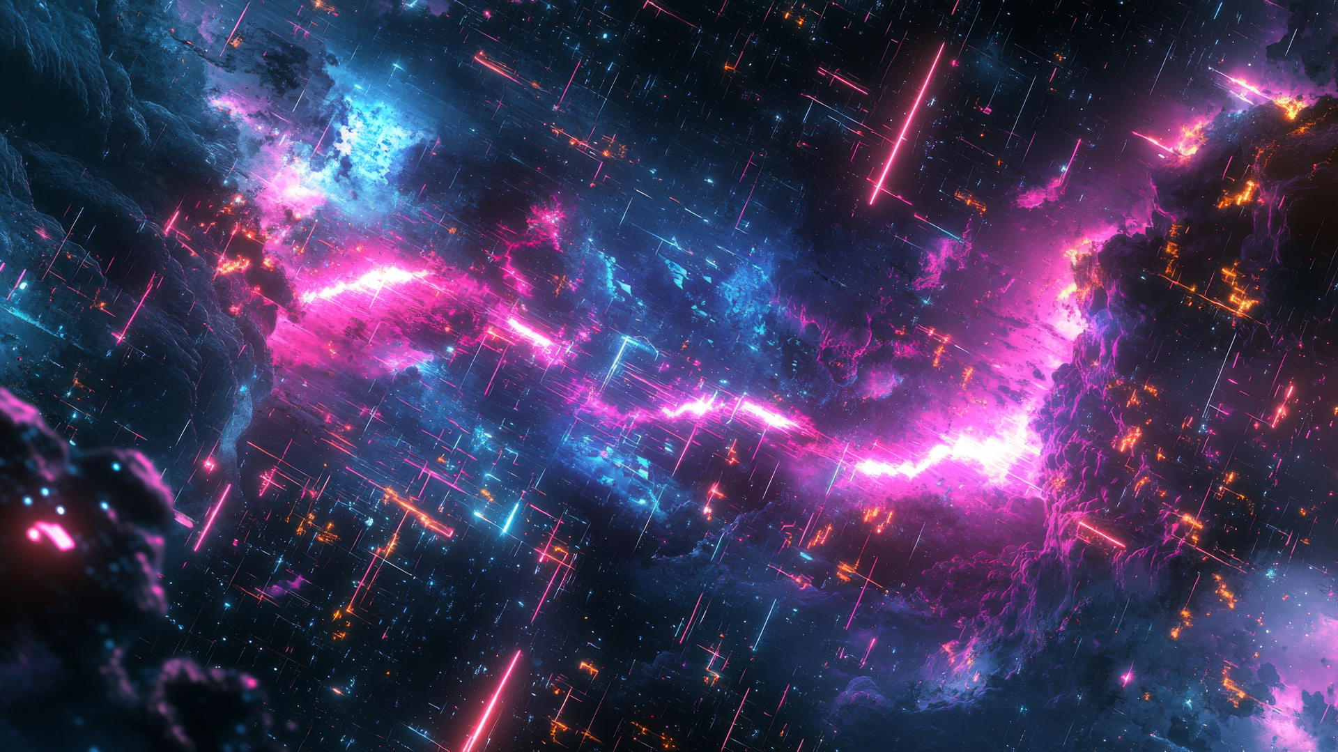 An energetic Y2K wallpaper with glitch effects, neon lightning bolts, and pixelated starbursts against a dark cosmic background.