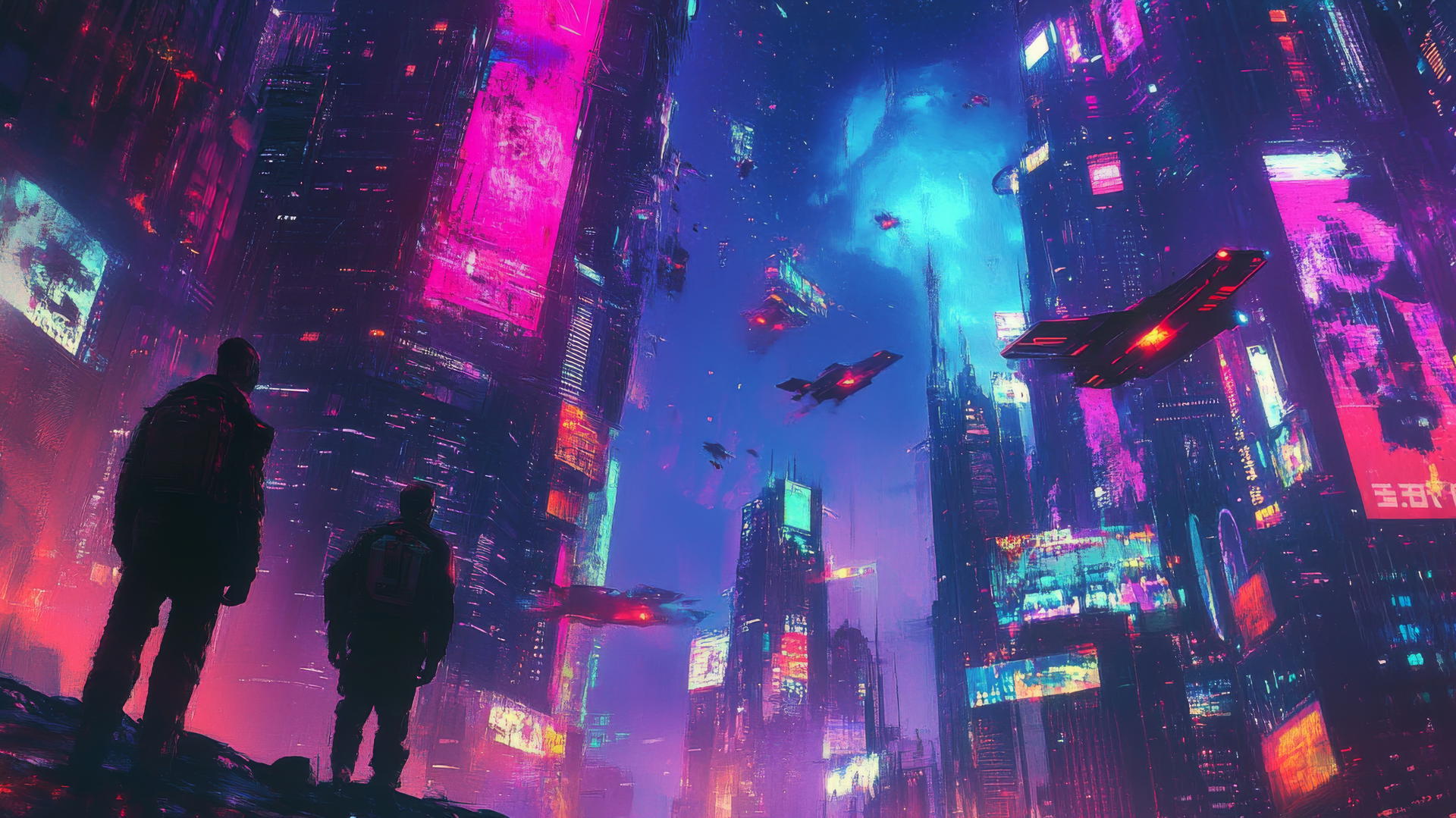 Y2K wallpaper with cyberpunk landscape, neon skyscrapers, holographic ads.
