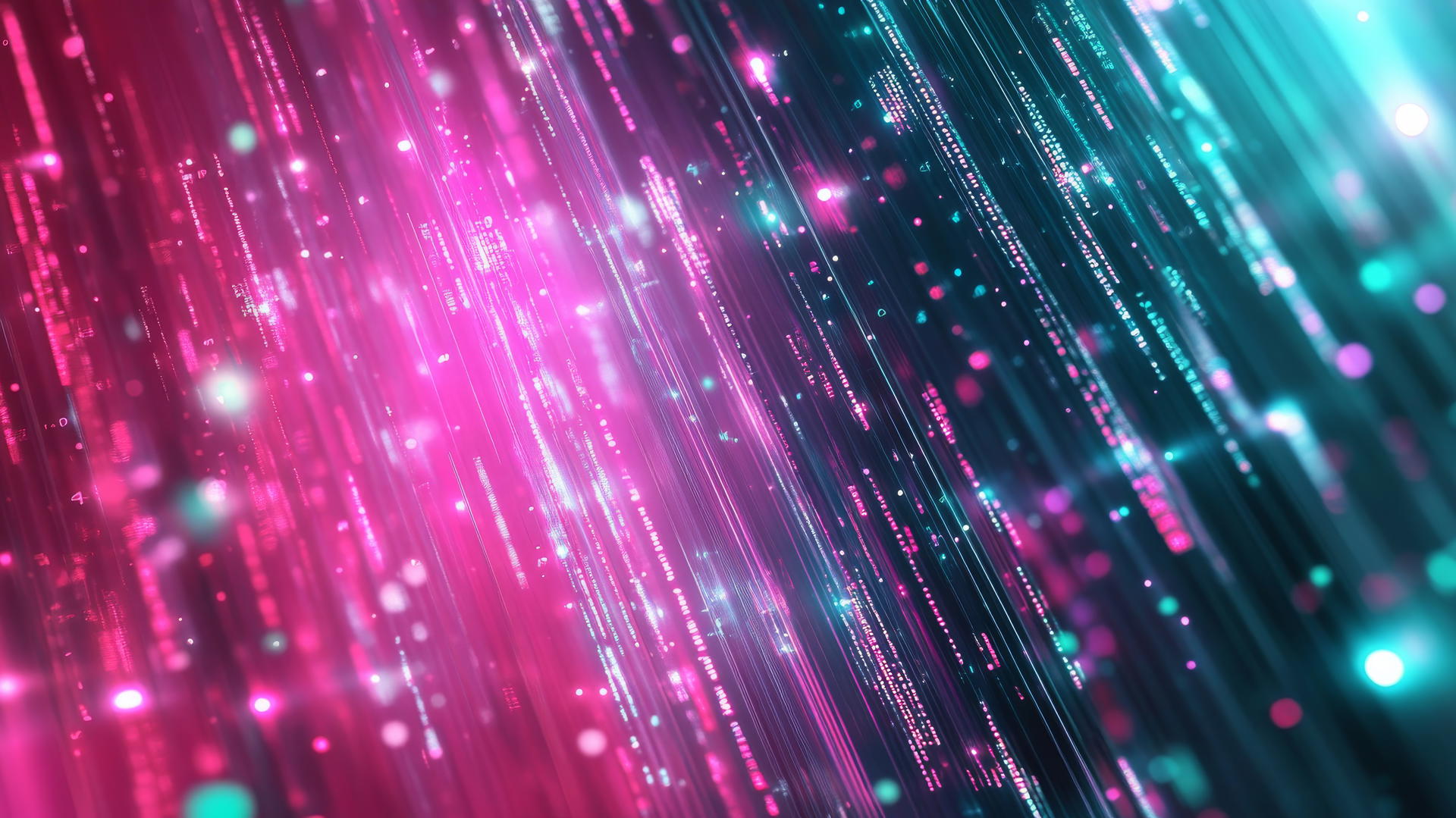 Y2K wallpaper with holographic, metallic grid, floating orbs, and cascading digital code in vibrant pink and teal colors.