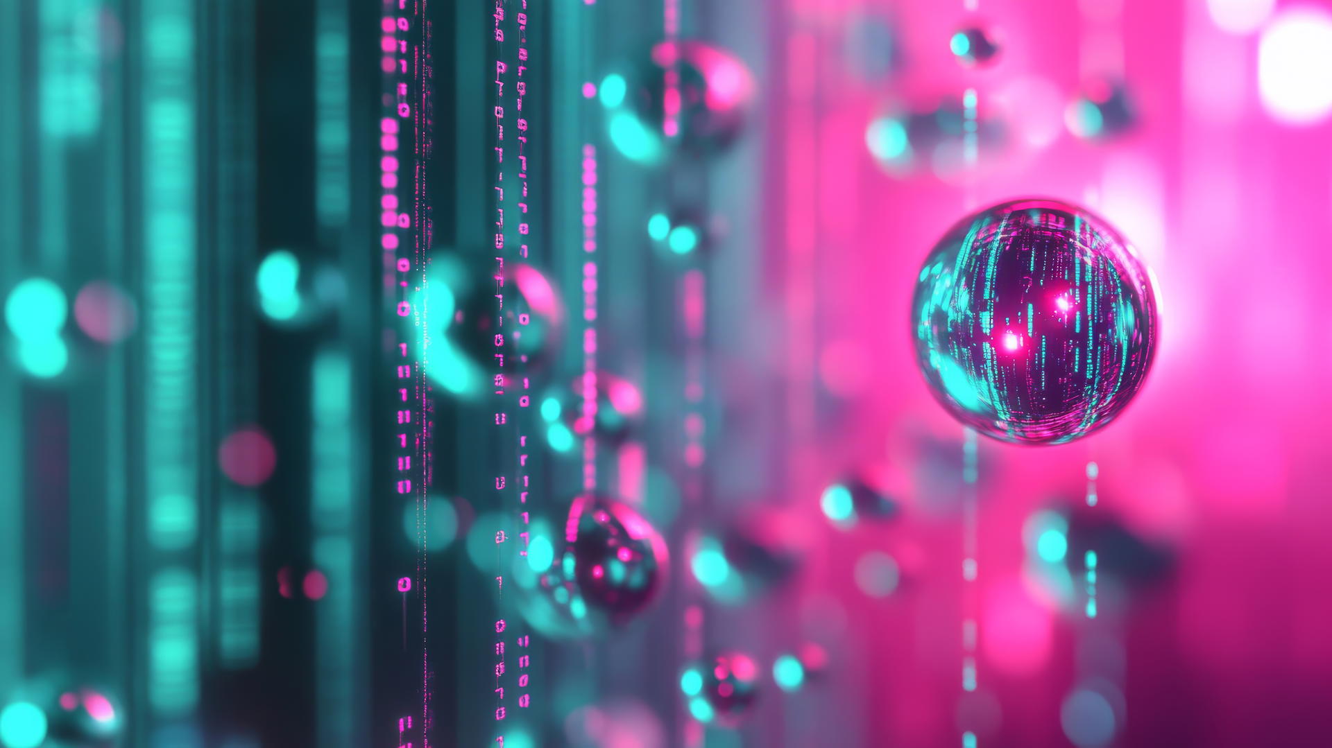 y2k wallpaper with holographic grid, translucent orbs, and digital code in pink and teal