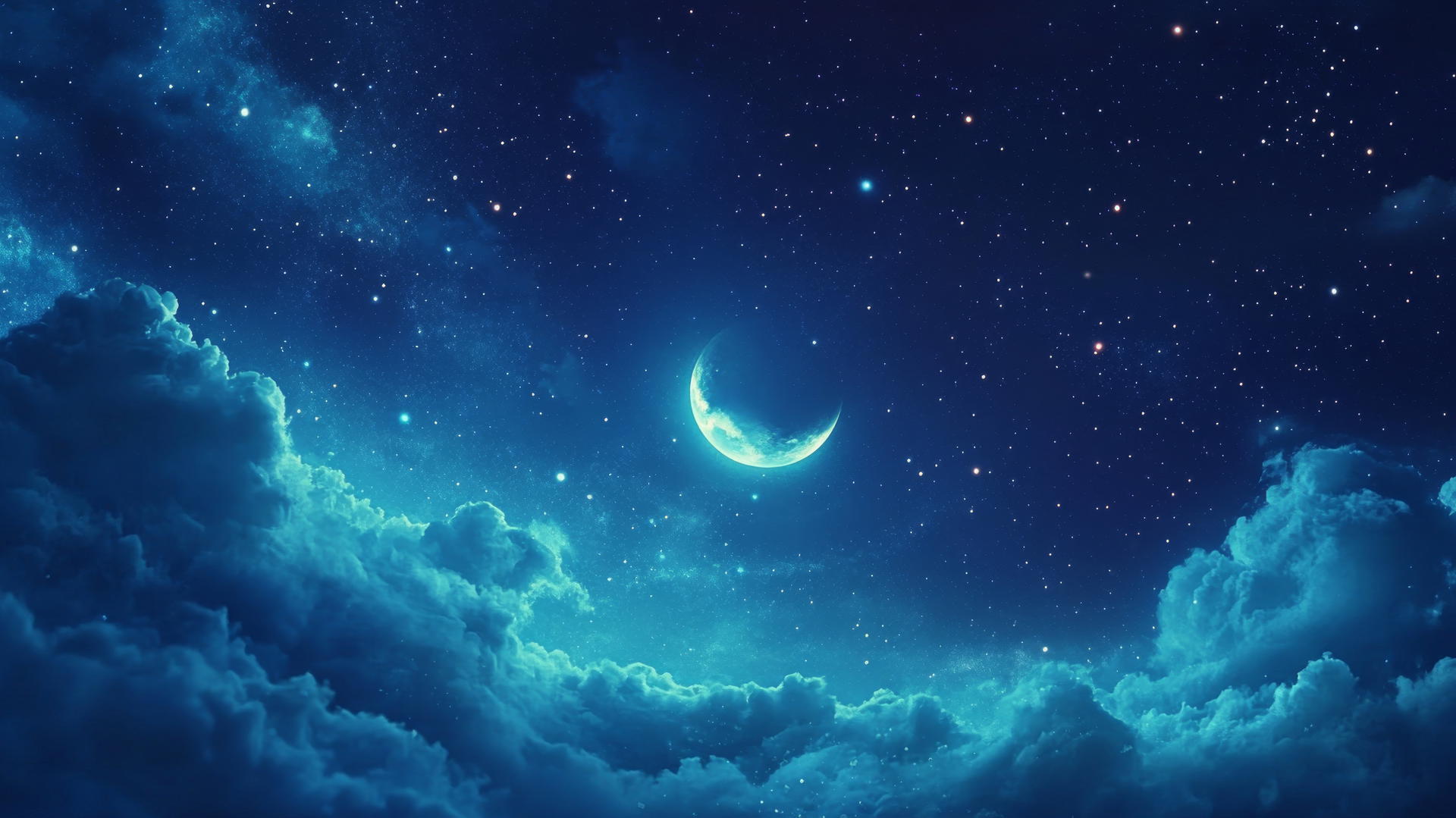 blue wallpaper with night sky, stars, and glowing moon