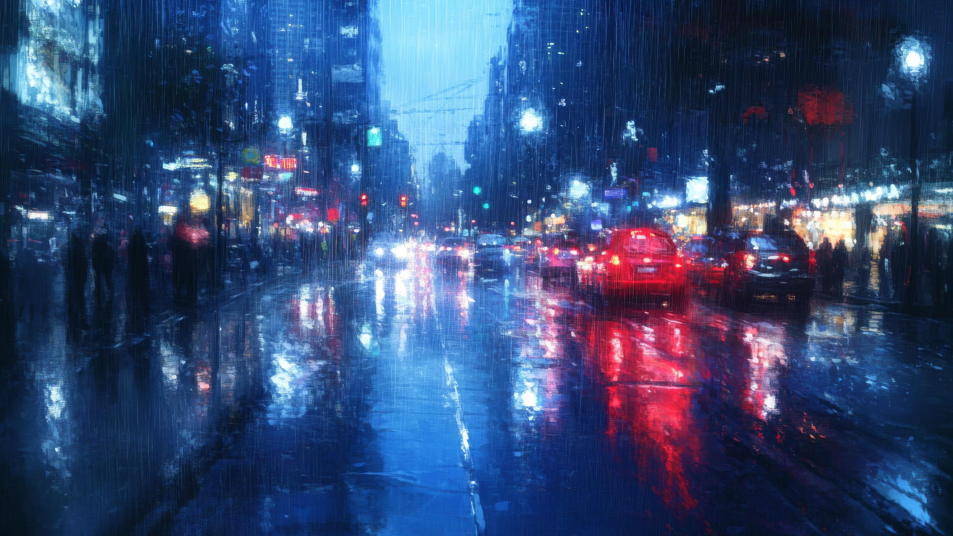 Wallpaper blue: rainy city street with light reflections on wet pavement