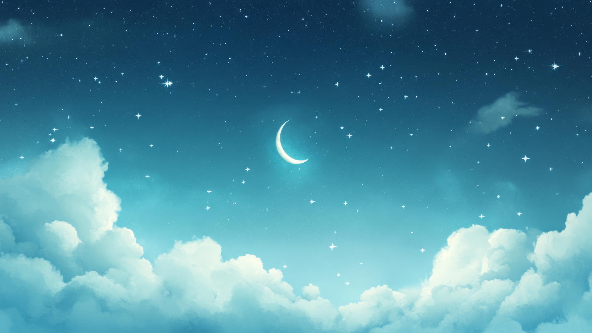 baby blue wallpaper with dreamy night sky, glowing stars, and a faint crescent moon