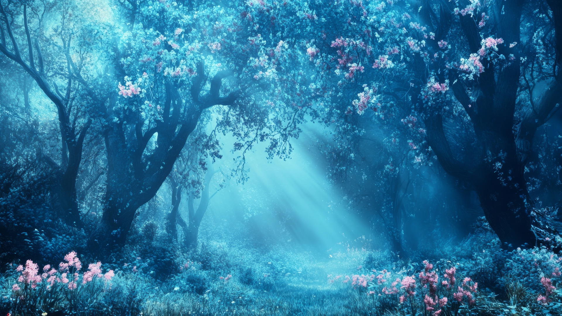 enchanted floral forest with blue mist wallpaper