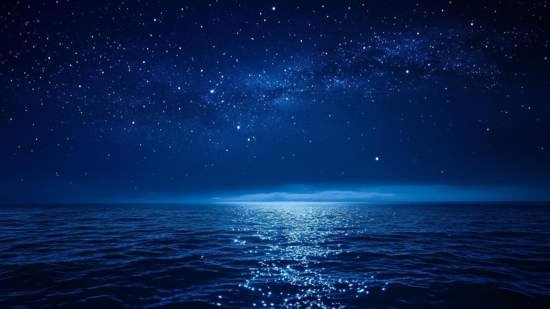 dark blue aesthetic wallpaper of a starry night sky over a calm ocean with moonlight glow