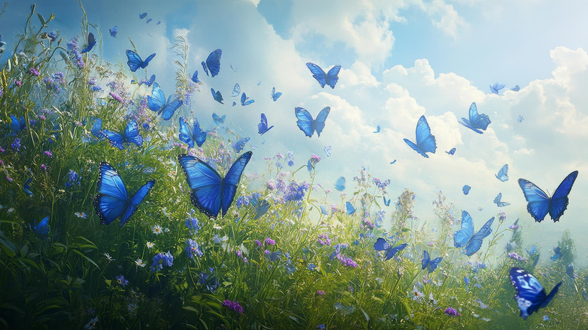 blue butterfly wallpaper in a green meadow with wildflowers under a soft blue sky