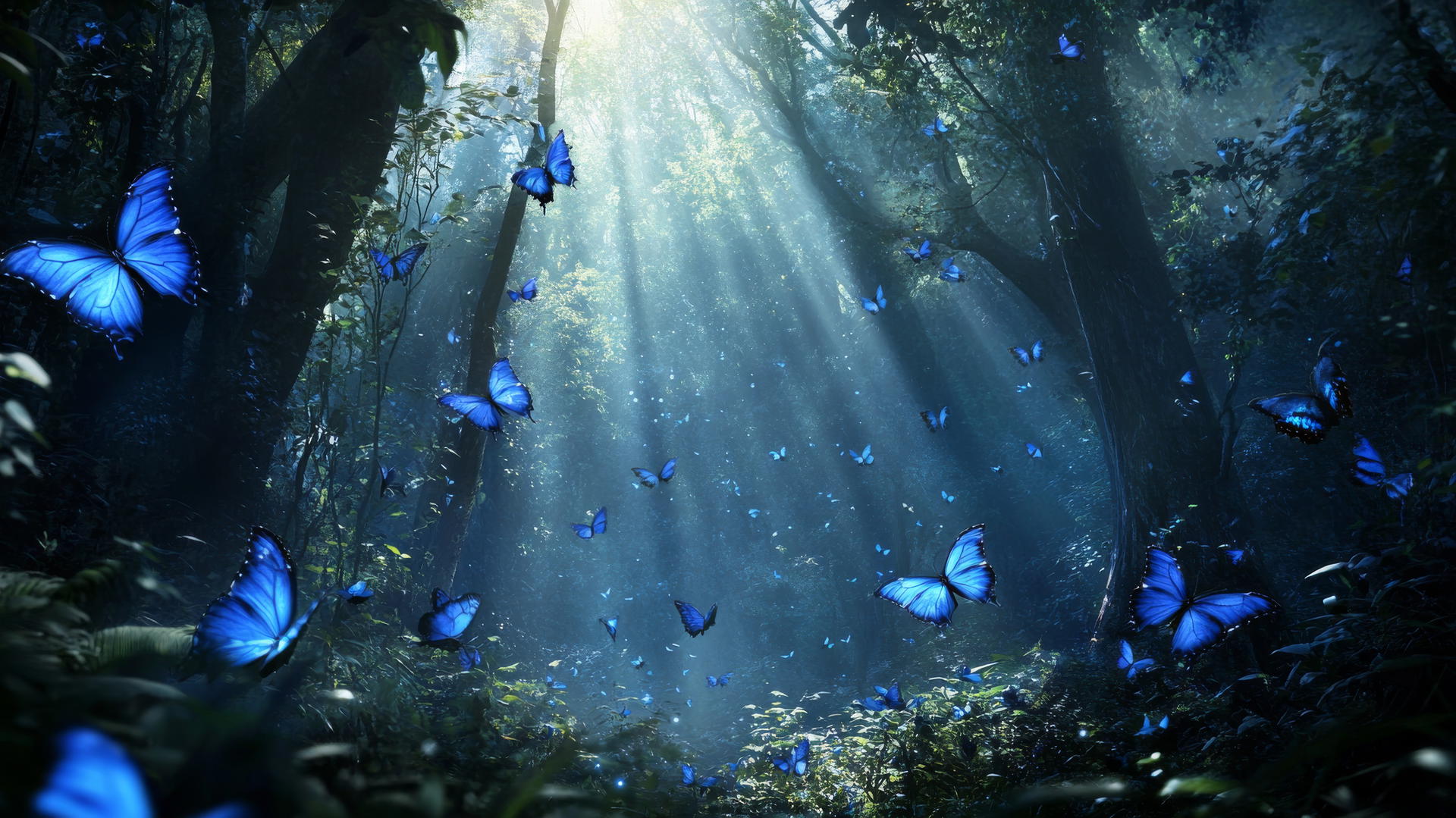 blue butterfly wallpaper with glowing butterflies in a mystical forest illuminated by moonlight