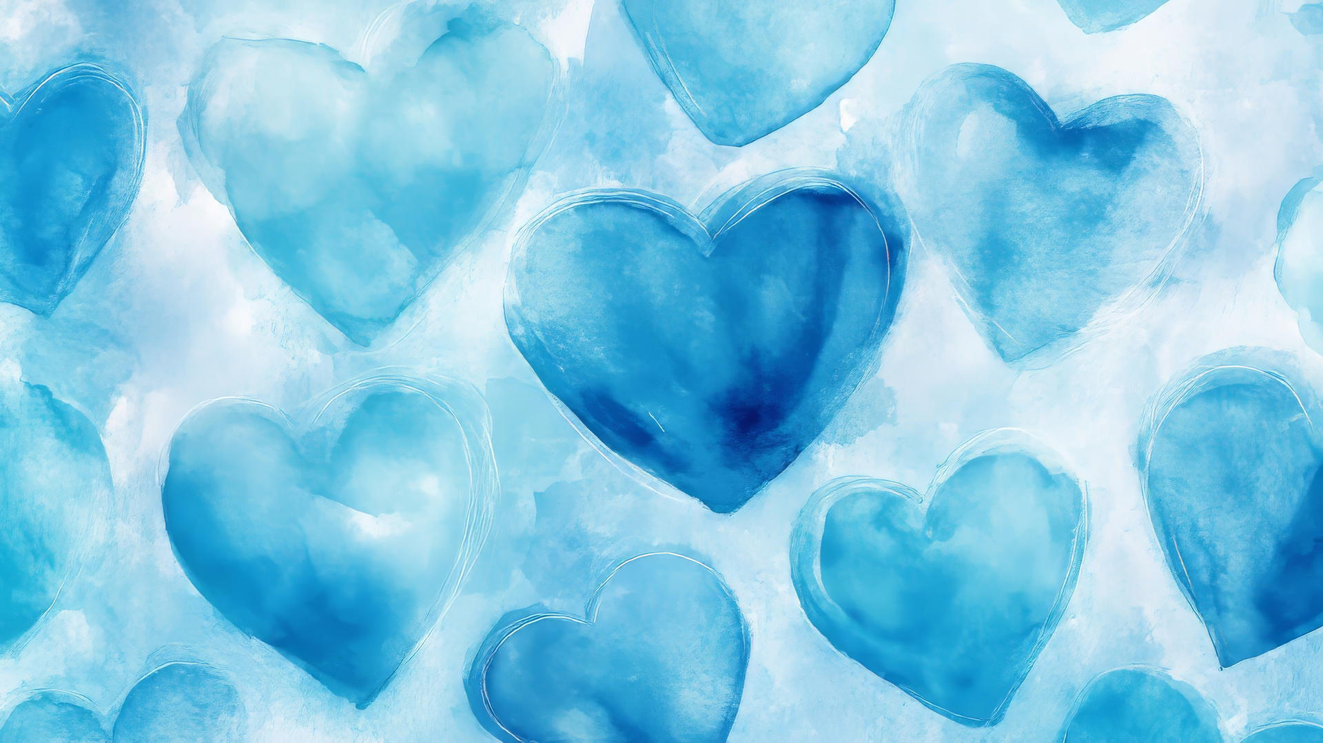 A dreamy blue heart wallpaper with watercolor hearts on light blue background